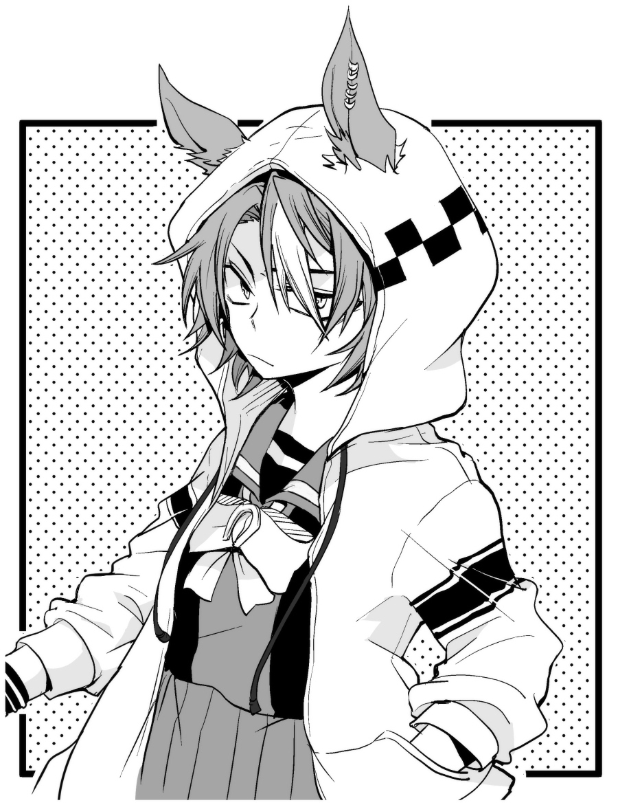 beer hsk, dicta striker (umamusume), umamusume, umamusume: cinderella gray, 1girl, animal ears, bow, closed mouth, ears through headwear, greyscale, hair over one eye, hand in pocket, hood, hood up, hooded jacket, horse ears, jacket, long sleeves, looking at viewer, monochrome, multicolored hair, open clothes, open jacket, pleated skirt, puffy long sleeves, puffy sleeves, school uniform, skirt, solo, tracen school uniform, two-tone hair