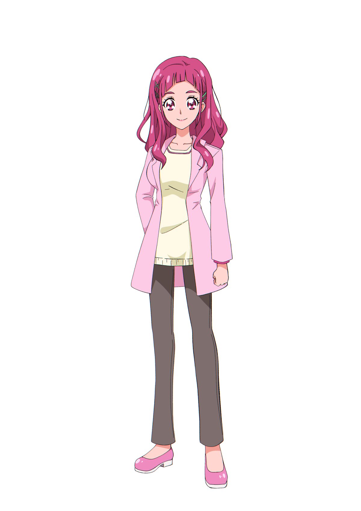 @est@, nono hana, hugtto! precure, precure, commentary request, highres, 1girl, aged up, alternate hairstyle, anime coloring, arm at side, arm behind back, black pants, blunt bangs, breasts, brown pants, cardigan, clenched hand, closed mouth, coat, collarbone, full body, grey pants, hair down, hair ornament, hairclip, hand on own hip, jacket, long hair, long sleeves, looking at viewer, medium breasts, open clothes, open jacket, pants, pink cardigan, pink coat, pink eyes, pink hair, pink jacket, pink sweater, shirt, shoes, short bangs, smile, solo, standing, sweater, tachi-e, transparent background, white shirt, x hair ornament, yellow shirt, yellow sweater