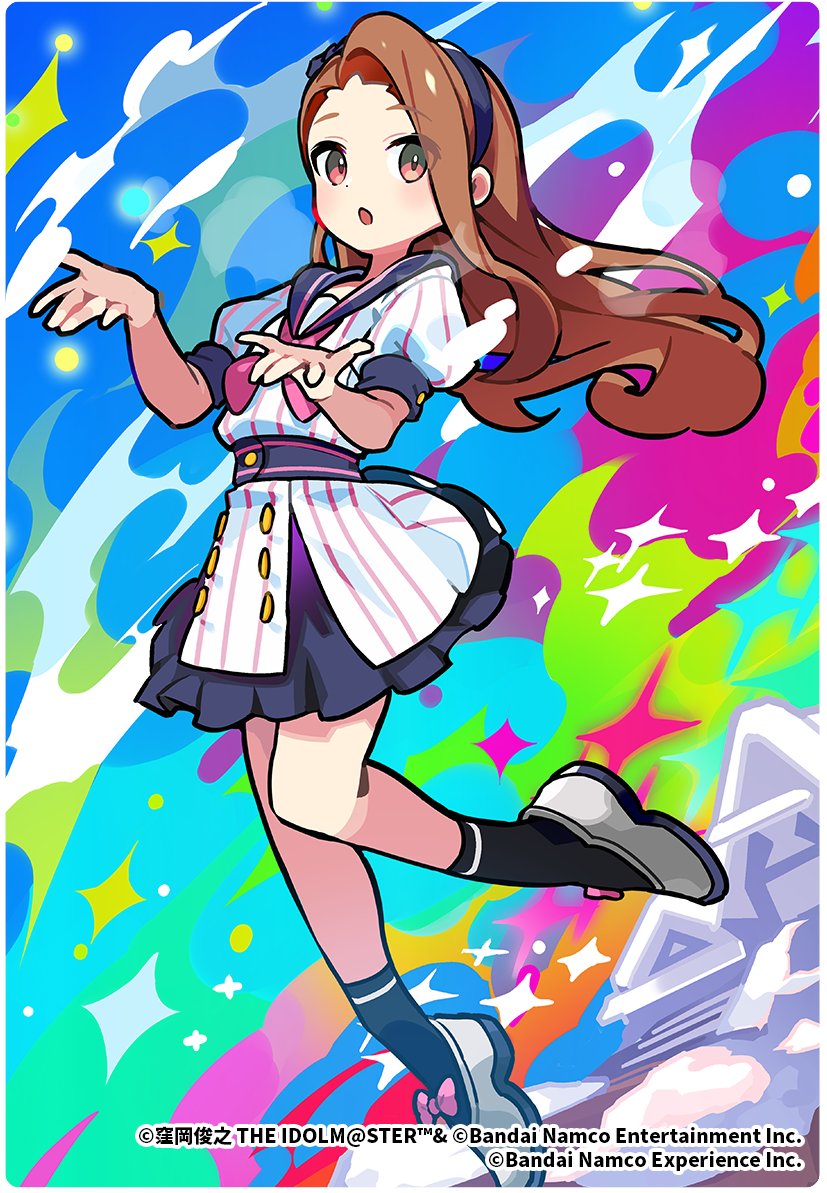 kurumitsu, minase iori, idolmaster, idolmaster tours, official art, 1girl, brown hair, buttons, english text, forehead, hairband, japanese text, puffy sleeves, red eyes, sailor collar, solo