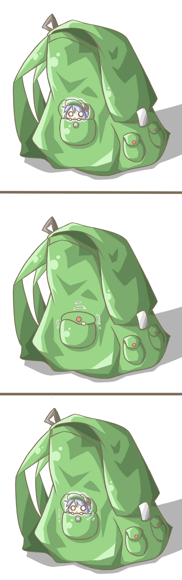 aoblue, kawashiro nitori, touhou, highres, long image, tall image, backpack, bag, chibi, comic, female focus, mini person, minigirl, randoseru, silent comic, two side up