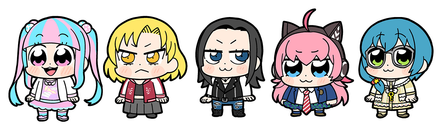 bkub, asahi rokka, nyubara reona, sato masuki, tamade chiyu, wakana rei, bang dream!, bad id, official art, 5girls, :<, :3, ahoge, animal ear headphones, animal ears, arms at sides, black boots, black hair, black jacket, black shirt, black shoes, blonde hair, blue eyes, blue hair, blue jacket, blue pants, blue skirt, blue socks, blue thighhighs, blunt bangs, blush stickers, boots, bracelet, brown dress, brown shoes, brown socks, cat ear headphones, cat ears, chibi, chibi only, closed mouth, collared shirt, diagonal-striped clothes, diagonal-striped necktie, dot nose, dress, fake animal ears, frilled skirt, frills, frown, full body, glasses, green eyes, grey-framed eyewear, grey skirt, hair bobbles, hair ornament, hair scrunchie, headphones, jacket, jewelry, key, key necklace, long hair, long sleeves, low side ponytail, multicolored hair, multiple girls, necklace, necktie, open clothes, open jacket, open mouth, pants, pink eyes, pink hair, pink shoes, pink skirt, plaid clothes, plaid skirt, pleated skirt, print shirt, purple shirt, raise a suilen, red jacket, red necktie, red scrunchie, school uniform, scrunchie, shirt, shoes, short hair, simple background, skirt, sleeveless, sleeveless jacket, socks, standing, striped clothes, striped necktie, teeth, thighhighs, torn clothes, torn pants, track jacket, twintails, two-tone hair, upper teeth only, v-shaped eyebrows, white background, white jacket, white shirt, yellow eyes