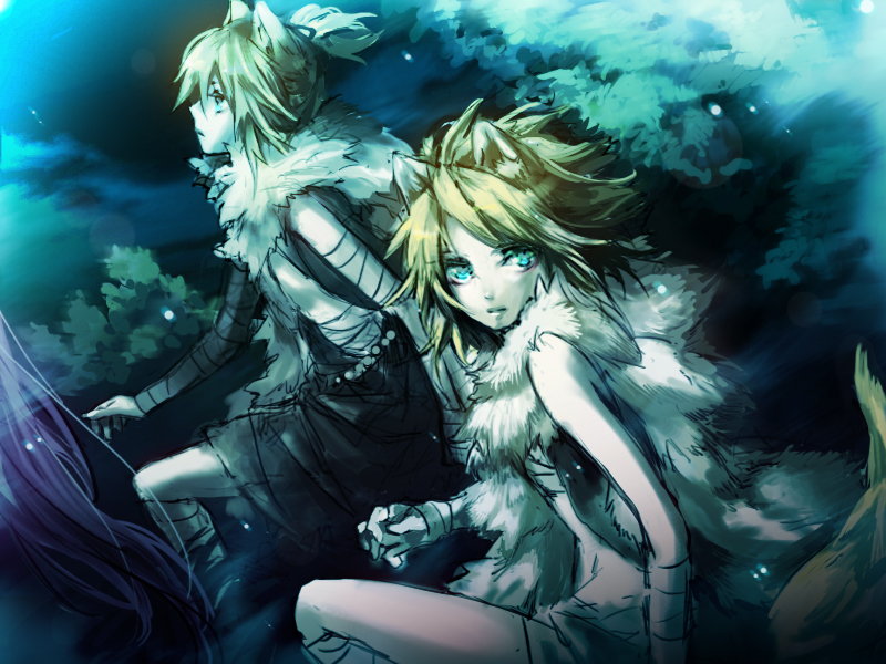double click (artist), kagamine len, kagamine rin, vocaloid, bad id, bad pixiv id, 1boy, 1girl, animal ears, bandages, blonde hair, blue eyes, brother and sister, kemonomimi mode, ponytail, short hair, siblings, sitting, tail, twins, wolf ears, wolf tail
