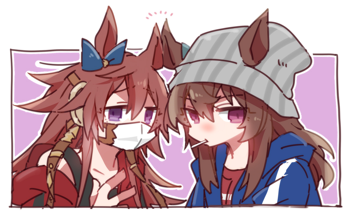 beer hsk, nakayama festa (umamusume), orfevre (old design) (umamusume), umamusume, 2girls, animal ears, beanie, black tank top, blue jacket, blue ribbon, bow, brown hair, collarbone, ear-to-ear, ear ribbon, ears through headwear, grey hat, hair between eyes, hand up, hat, hood, hood down, hooded jacket, horse ears, jacket, long hair, mask, mouth mask, multiple girls, notice lines, purple background, purple eyes, red jacket, red shirt, ribbon, shirt, tank top, two-tone background, upper body, vertical-striped hat, white background