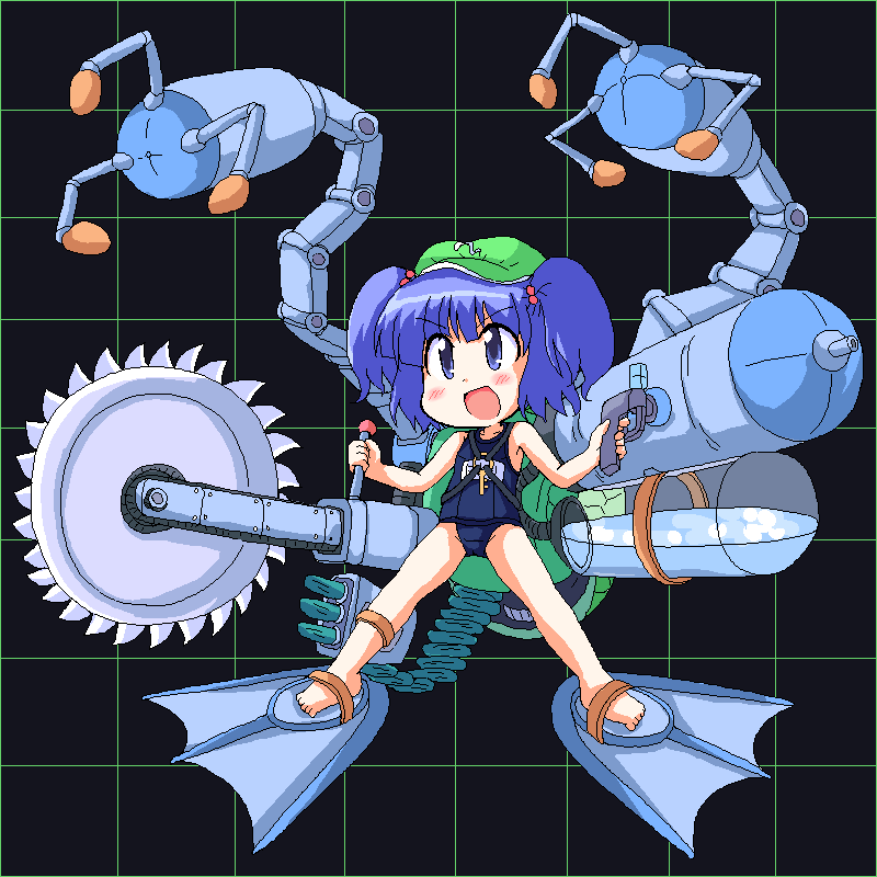 geetsu, kawashiro nitori, touhou, 1girl, circular saw, female focus, flippers, full body, hat, key, one-piece swimsuit, saw, school swimsuit, short hair, solo, swimsuit, two side up, weapon