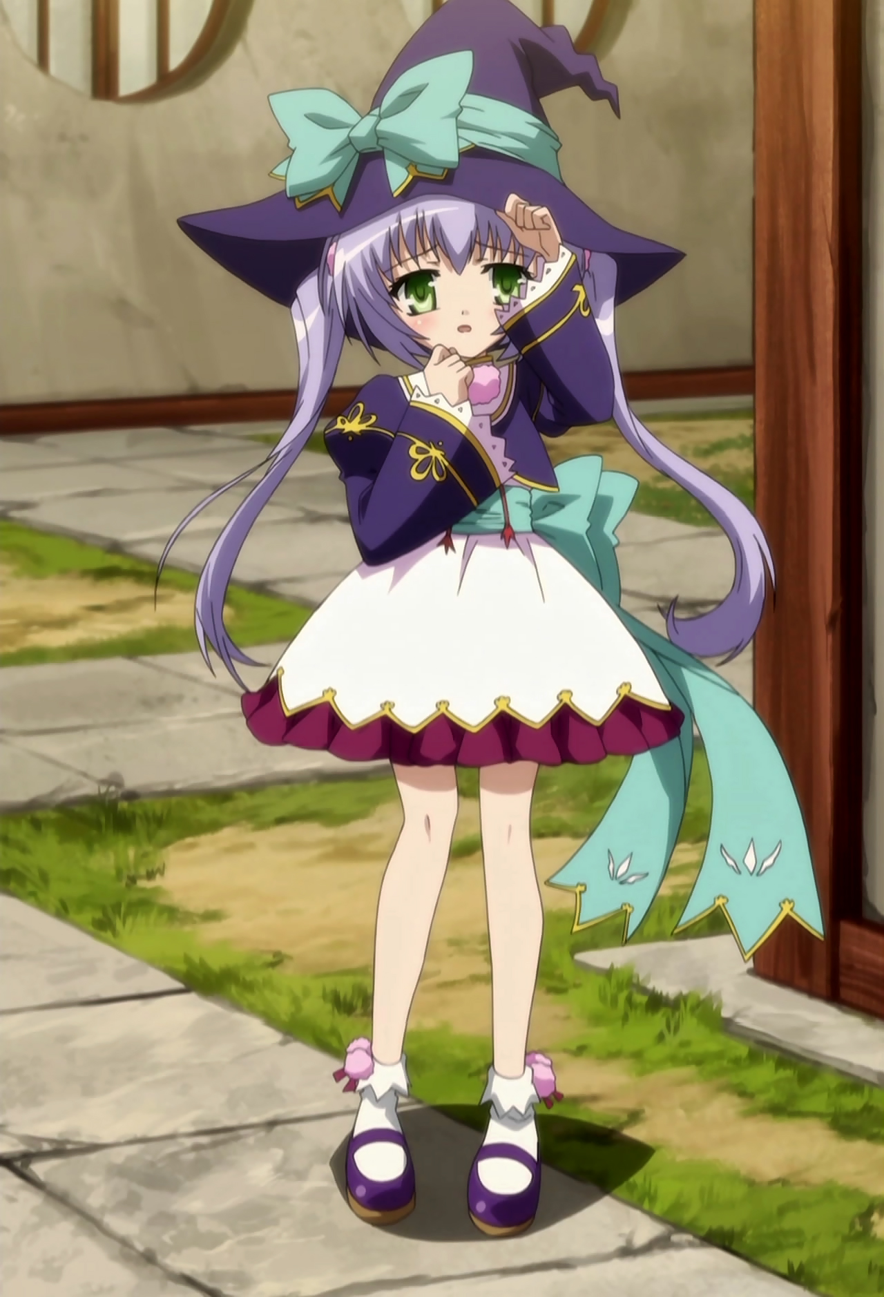 houtou (koihime musou), koihime musou, anime screenshot, highres, stitched, third-party edit, 00s, blue hair, green eyes, hat, hat ribbon, long hair, purple hair, ribbon, twintails, witch hat