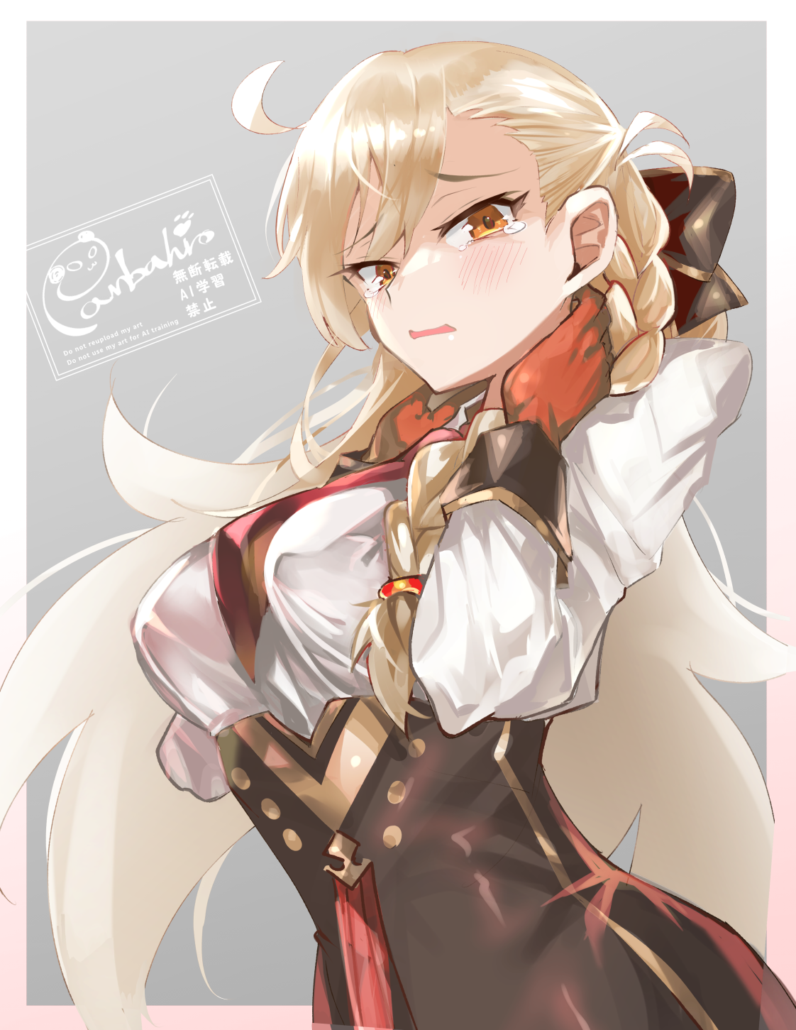 panda=hiro, olga marie animusphere, olga marie animusphere (unbeast), fate/grand order, fate (series), commentary request, highres, 1girl, ahoge, asymmetrical bangs, black skirt, blonde hair, blush, breasts, collared shirt, gloves, gold trim, hair ribbon, high-waist skirt, large breasts, long hair, long sleeves, looking at viewer, necktie, open mouth, orange eyes, pencil skirt, red gloves, ribbon, shirt, skirt, solo, tearing up, white shirt