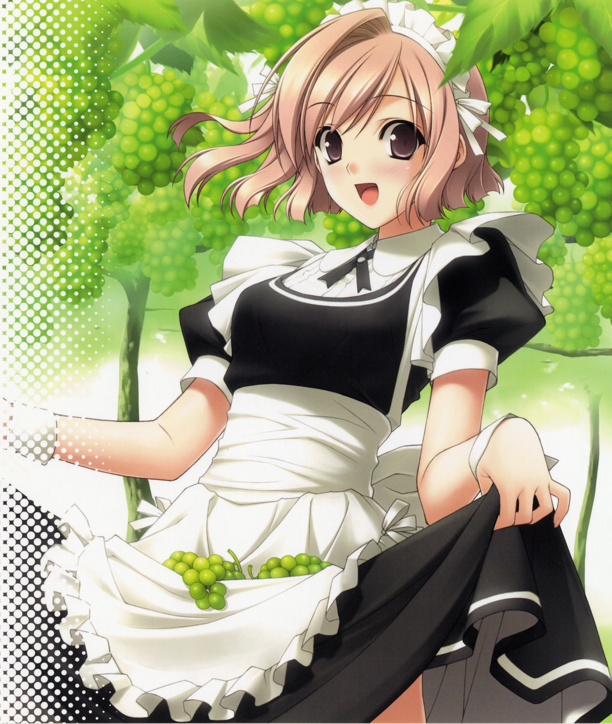 suzuhira hiro, nogisaka motoka, yosuga no sora, light brown hair, absurdres, highres, 1girl, :d, apron, blush, brown eyes, brown hair, female focus, food, fruit, grapes, maid, maid apron, maid headdress, open mouth, short hair, skirt basket, smile, solo