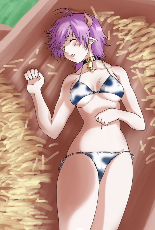 tat, original, 1girl, animal print, bell, bikini, breasts, cow girl, cow print, female focus, hay, horns, large breasts, lying, pointy ears, purple hair, short hair, sleeping, solo, swimsuit, underboob