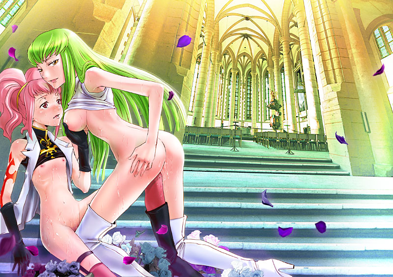 nanase jiro, anya alstreim, c.c., code geass, ass grab, black legwear, pink legwear, white legwear, 00s, 2girls, age difference, ass, back, bent over, black gloves, boots, bottomless, breasts, church, clothes lift, earrings, elbow gloves, flat chest, frottage, gloves, grabbing another's breast, green hair, groping, hairband, high heels, indoors, jewelry, knee boots, large breasts, loli, long hair, looking back, medium breasts, military, military uniform, multiple girls, navel, nipples, no bra, onee-loli, open mouth, petals, pink hair, pussy juice, red eyes, ribs, roomscape, shirt lift, shoes, short hair, short twintails, sideboob, sitting, sleeveless, smile, stairs, straddling, sweat, tattoo, thigh boots, thighhighs, turtleneck, twintails, vest, yellow eyes, yuri