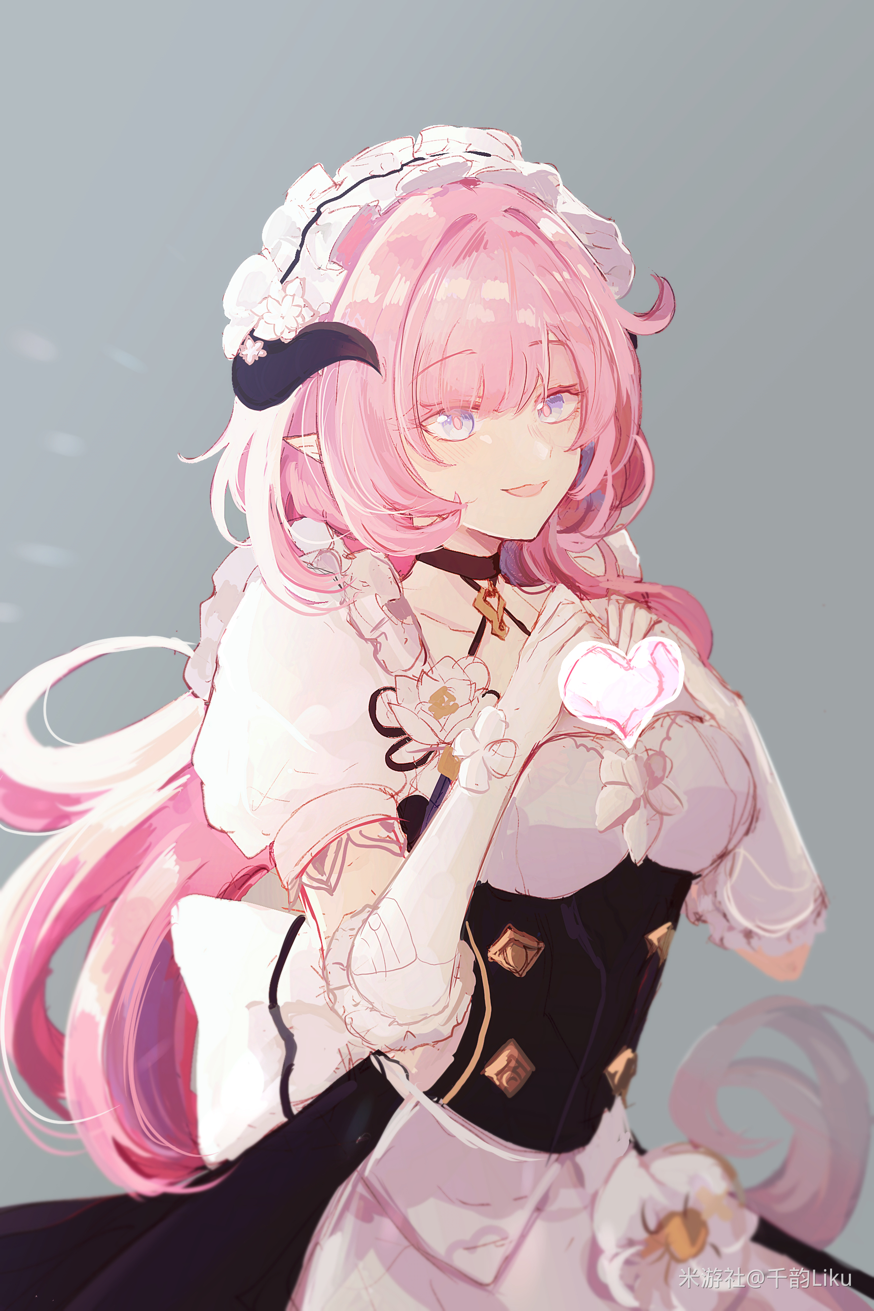 senin liku, elysia (honkai impact), elysia (miss pink) (honkai impact), elysia (miss pink elf) (honkai impact), honkai (series), honkai impact 3rd, absurdres, chinese commentary, commentary request, highres, 1girl, apron, black dress, black horns, blue eyes, breasts, dress, elf, fake horns, gloves, grey background, heart, heart hands, horns, large breasts, long hair, maid, maid apron, maid headdress, miyoushe watermark, official alternate costume, pink hair, pointy ears, simple background, smile, solo, very long hair, watermark, white apron, white gloves