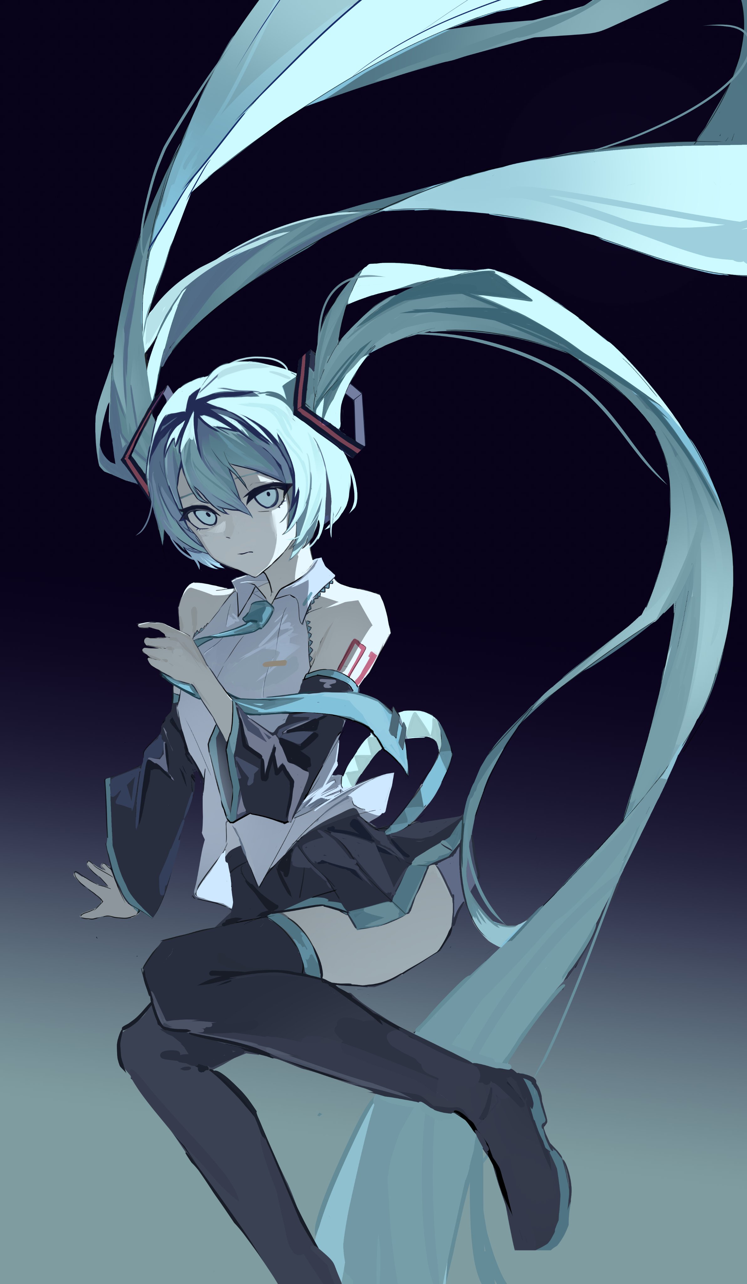 k2s, hatsune miku, vocaloid, absurdres, highres, 1girl, absurdly long hair, aqua belt, aqua eyes, aqua hair, aqua necktie, aqua trim, bare shoulders, belt, black boots, black skirt, black sleeves, boots, closed mouth, collared shirt, detached sleeves, double-parted bangs, expressionless, gradient background, hair between eyes, long hair, looking at viewer, loose belt, miniskirt, necktie, number tattoo, shirt, shoulder tattoo, skirt, sleeveless, sleeveless shirt, tattoo, thigh boots, twintails, very long hair, white shirt
