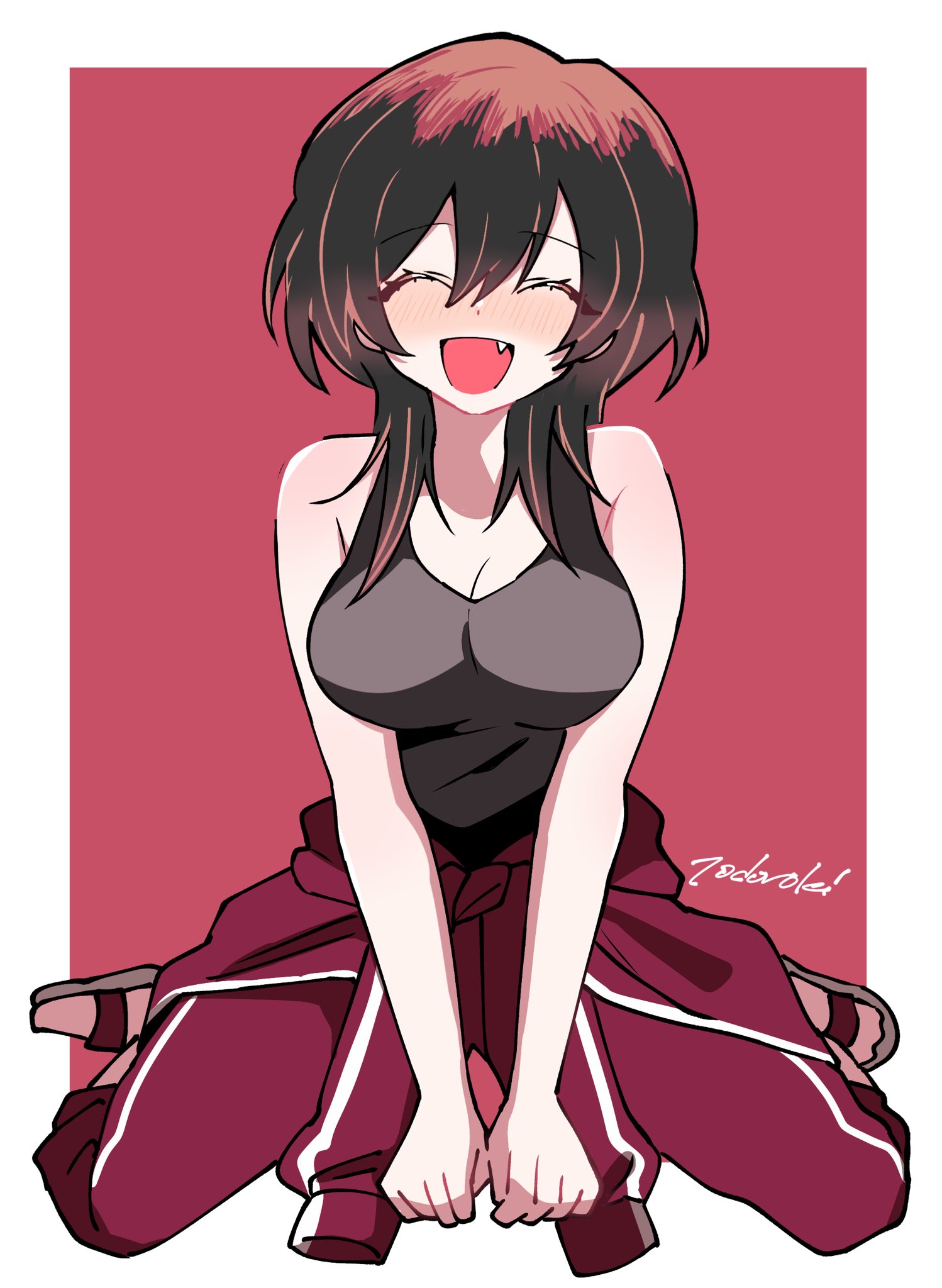 todoroki gk2, bonnouji momoha, kimi no koto ga dai dai dai dai daisuki na 100-nin no kanojo, commentary, highres, 1girl, :d, ^ ^, bare arms, bare shoulders, black hair, black tank top, blush, breasts, closed eyes, facing viewer, fang, flip-flops, full body, hair between eyes, jacket, large breasts, long hair, open mouth, pants, red background, red jacket, red pants, sandals, simple background, sitting, smile, solo, tank top, tied jacket, track jacket, track pants, wariza