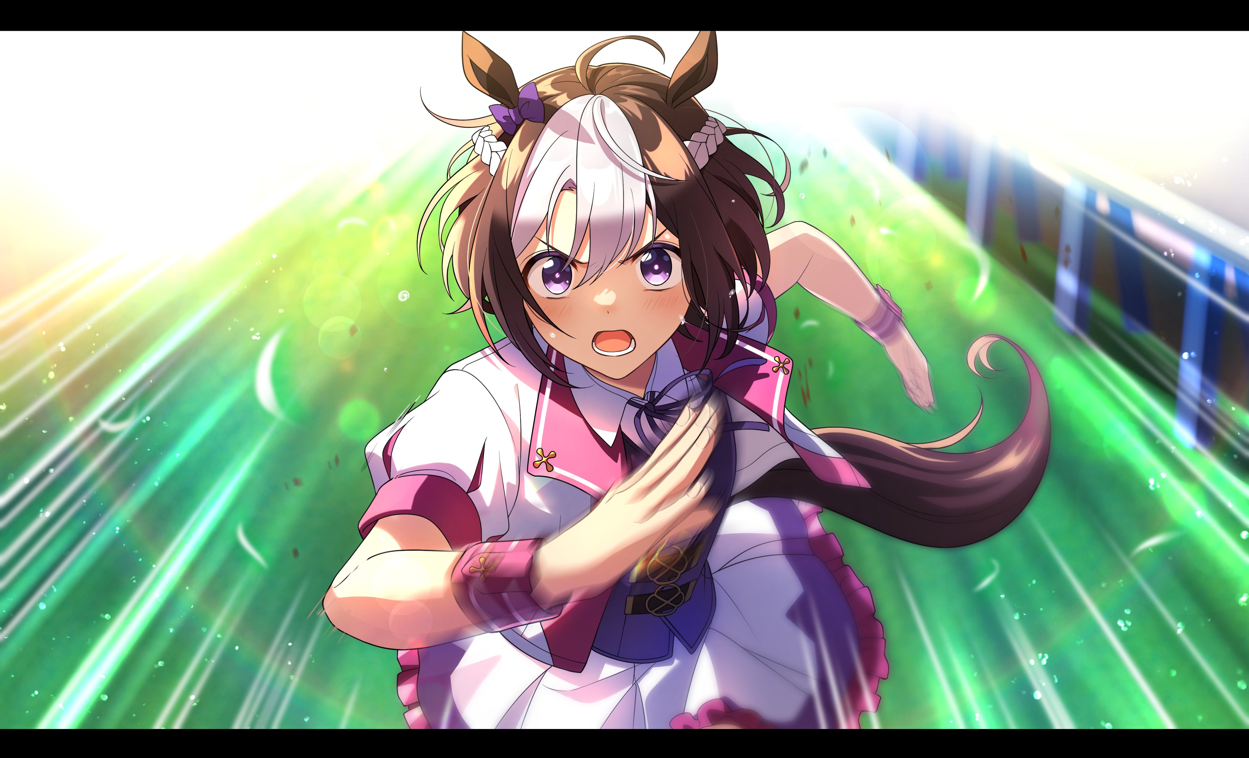 mikawa ayumu, special week (special dreamer) (umamusume), special week (umamusume), umamusume, absurdres, commentary, highres, 1girl, ahoge, animal ears, arm up, black border, blurry, bokeh, border, bow, braid, brown hair, cropped jacket, crown braid, depth of field, flying sweatdrops, furrowed brow, grass, hair bow, horse ears, horse girl, horse tail, jacket, light particles, light rays, looking at viewer, lower teeth only, motion blur, motion lines, open clothes, open jacket, open mouth, outstretched arms, puff and slash sleeves, puffy sleeves, purple bow, purple eyes, running, solo, sweat, tail, teeth, white hair, wristband