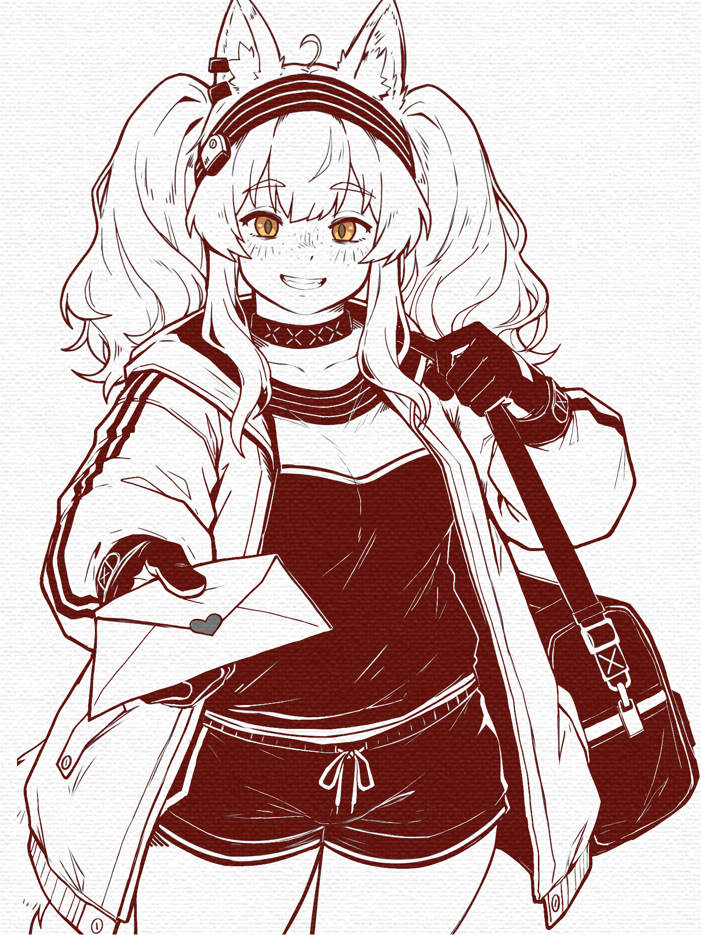 caffichai, angelina (arknights), arknights, commentary, english commentary, highres, 1girl, ahoge, animal ear fluff, animal ears, bag, clenched teeth, cowboy shot, drawstring, envelope, gloves, hair between eyes, hairband, heart, holding, holding envelope, jacket, long hair, long sleeves, looking at viewer, open clothes, open jacket, pocket, shorts, solo, spot color, teeth, thick thighs, thighs, twintails, white background, yellow eyes