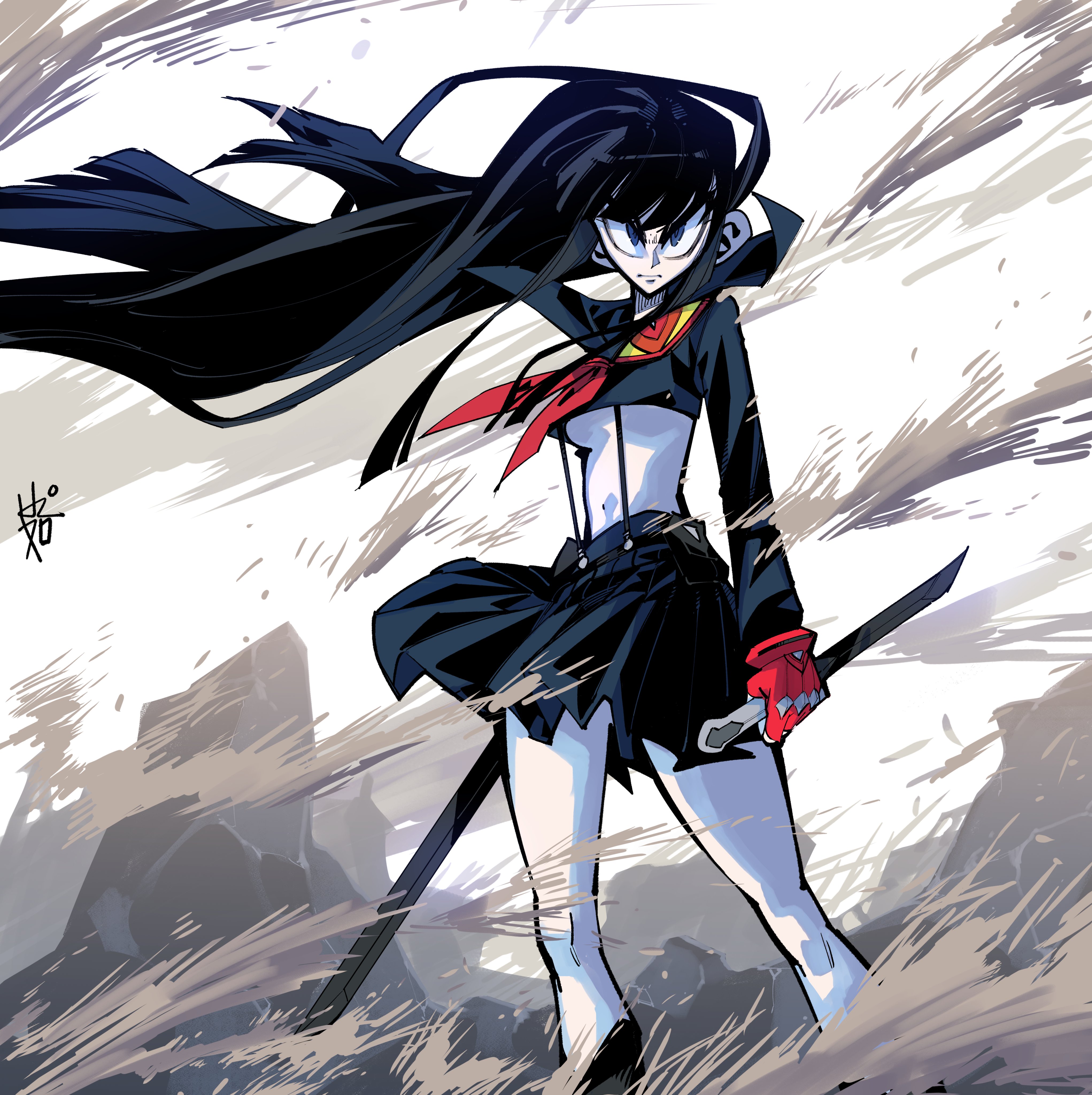 little mojoi, kiryuuin satsuki, matoi ryuuko, senketsu, kill la kill, trigger (company), absurdres, hashtag-only commentary, highres, black hair, blue eyes, breasts, cosplay, honnoji academy school uniform, matoi ryuuko (cosplay), revealing clothes, school uniform, sword, thick eyebrows, underboob, weapon