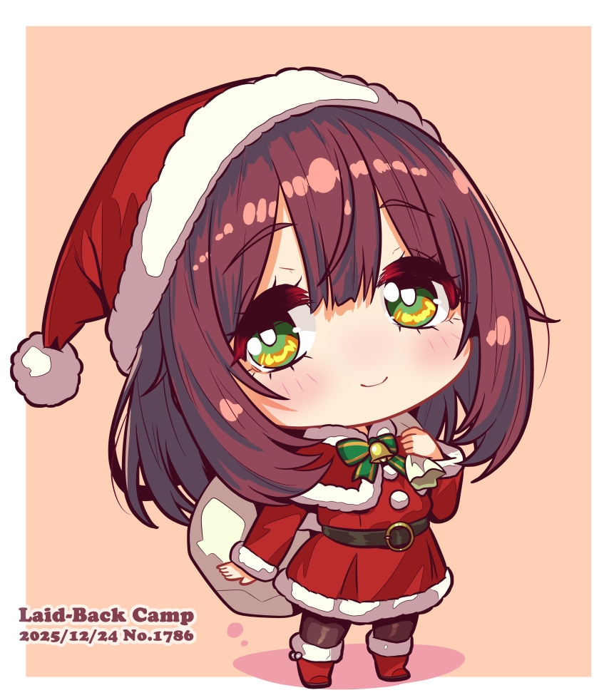 jagi (jagi souken), toki ayano, yurucamp, commentary request, 1girl, bell, belt, belt buckle, black belt, blush, boots, border, bow, brown background, brown hair, brown pantyhose, buckle, capelet, chibi, closed mouth, colored shadow, copyright name, dated, dress, full body, fur-trimmed boots, fur-trimmed capelet, fur-trimmed dress, fur-trimmed headwear, fur trim, green bow, green eyes, hair between eyes, hat, holding, holding sack, looking at viewer, neck bell, pantyhose, red boots, red capelet, red dress, red hat, sack, santa costume, santa hat, shadow, smile, solo, standing, striped bow, white border