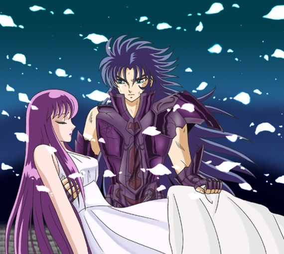 athena, gemini saga, kido saori, saint seiya, tagme, long hair, purple hair