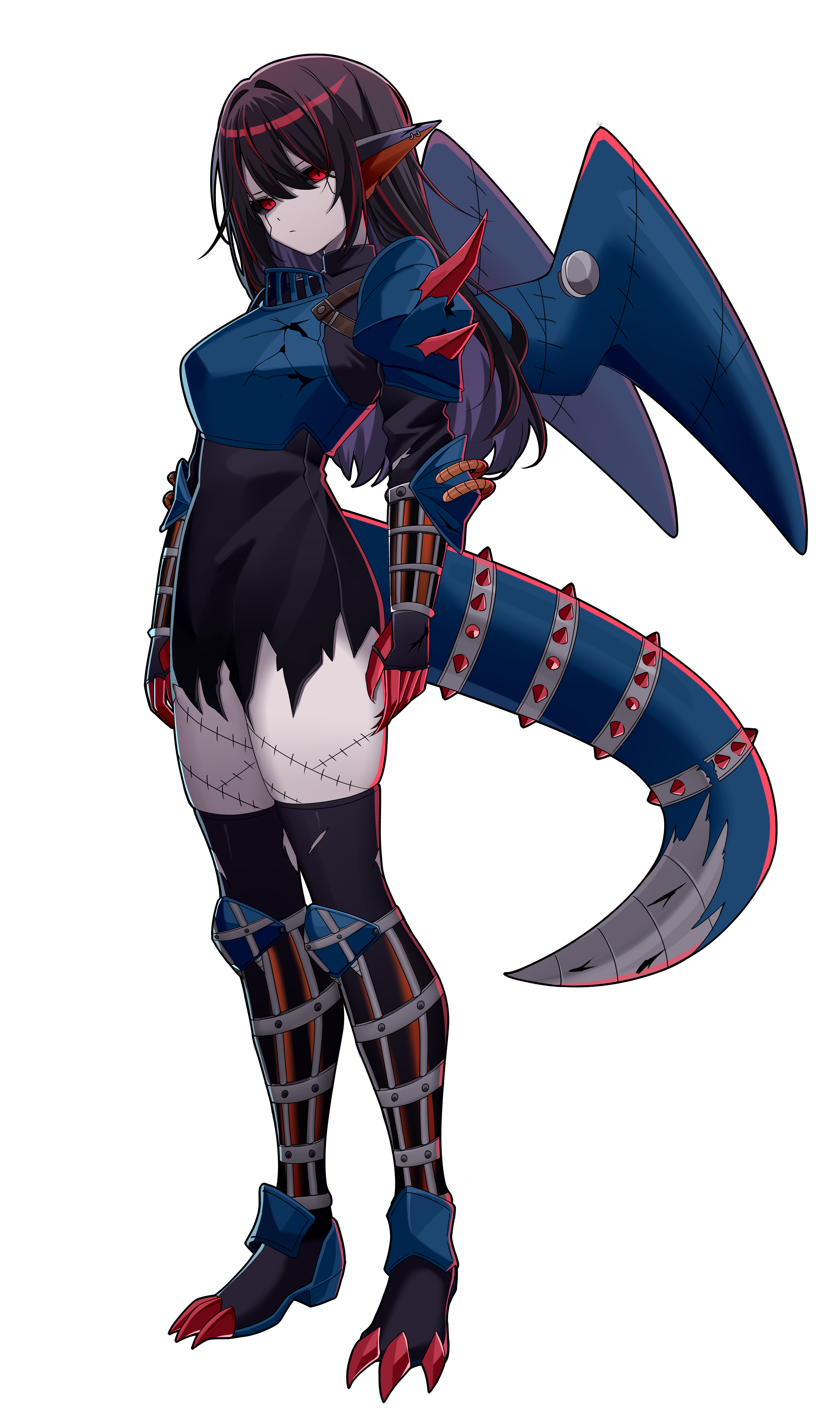 wayanfa, death-x-dorugamon, digimon, absurdres, commission, commissioner upload, highres, non-web source, 1girl, animal ears, armor, black sclera, body armor, brown hair, clawed feet, clawed hands, claws, colored sclera, cyborg, digimon (creature), full body, humanization, knee armor, long sleeves, multicolored hair, red eyes, red streaks, shoulder armor, solo, stitches, streaked hair, tail, thighhighs, thighs, torn clothes, transparent background, wings