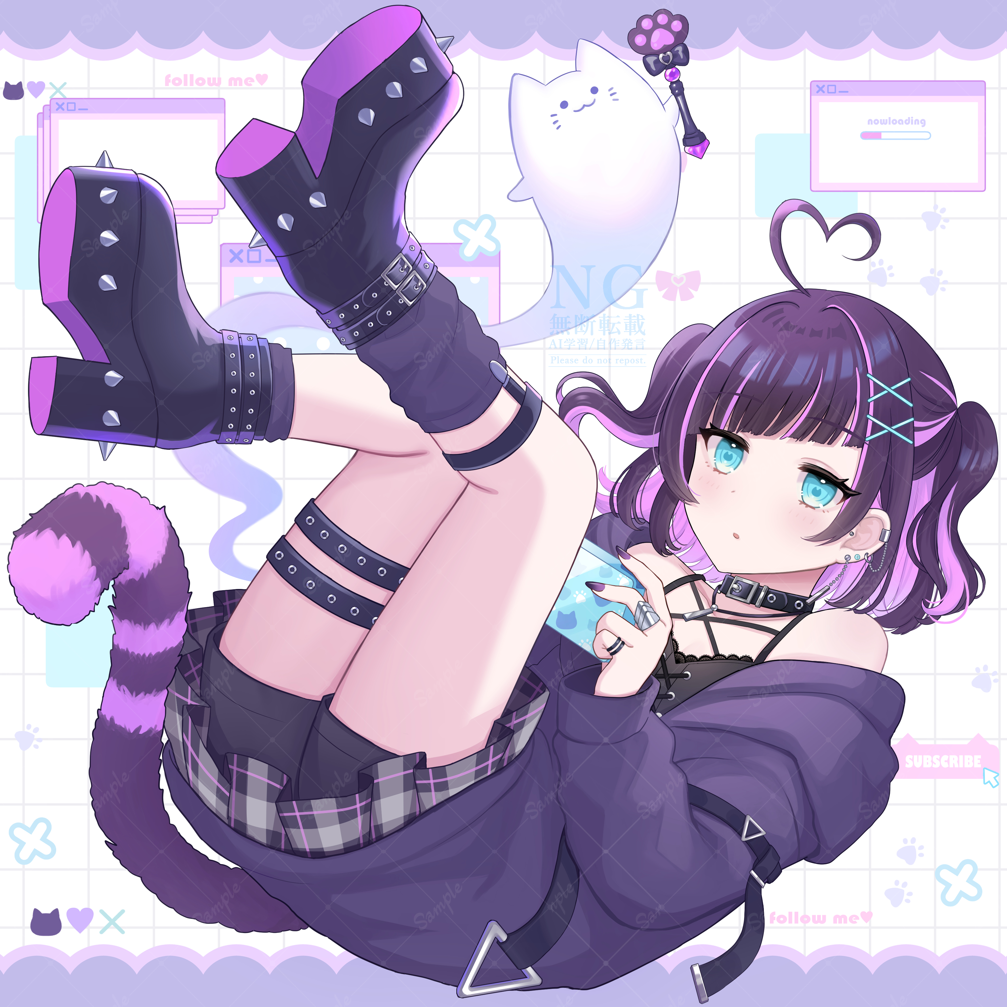 emyuu (5renjar), iriam, absurdres, character request, commentary request, highres, 1girl, ahoge, asymmetrical legwear, bare shoulders, black boots, black camisole, black collar, black shorts, black socks, blue eyes, boots, camisole, collar, ear piercing, earrings, full body, ghost, grey skirt, hair ornament, hairclip, heart, heart ahoge, hood, hood down, hooded jacket, jacket, jewelry, legs up, lying, multicolored hair, off shoulder, on back, open clothes, open jacket, parted lips, piercing, pink hair, plaid clothes, plaid skirt, platform heels, pleated skirt, purple hair, purple jacket, short shorts, shorts, shorts under skirt, skirt, socks, solo, strapless, stud earrings, thigh strap, two-tone hair, two side up, virtual youtuber, window (computing), x hair ornament