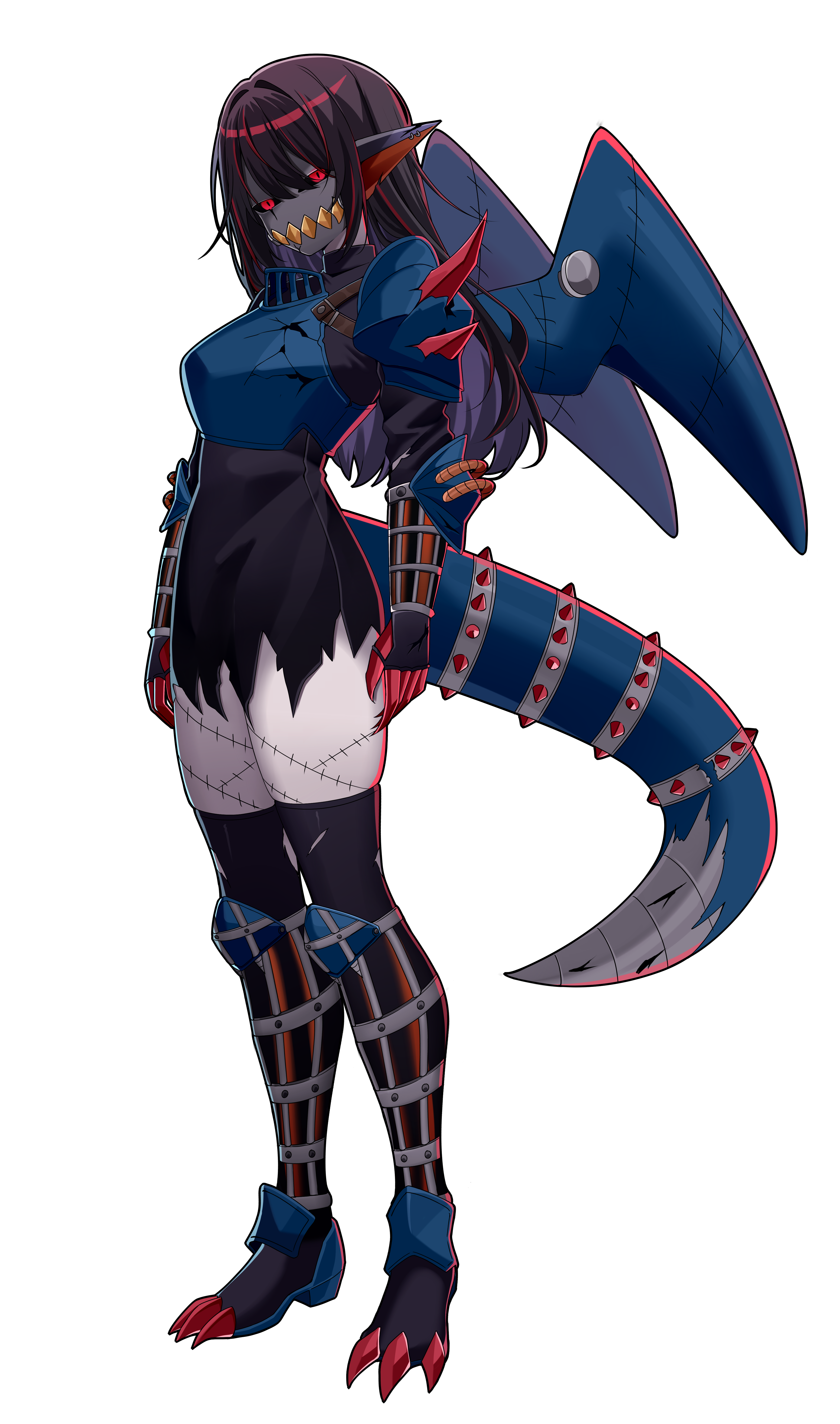 wayanfa, death-x-dorugamon, digimon, absurdres, commission, commissioner upload, highres, non-web source, 1girl, animal ears, armor, black sclera, body armor, brown hair, clawed feet, clawed hands, claws, colored sclera, cyborg, digimon (creature), fangs, full body, humanization, knee armor, long sleeves, mask, metal mask, multicolored hair, red eyes, red streaks, shoulder armor, solo, stitches, streaked hair, tail, thighhighs, thighs, torn clothes, transparent background, wings