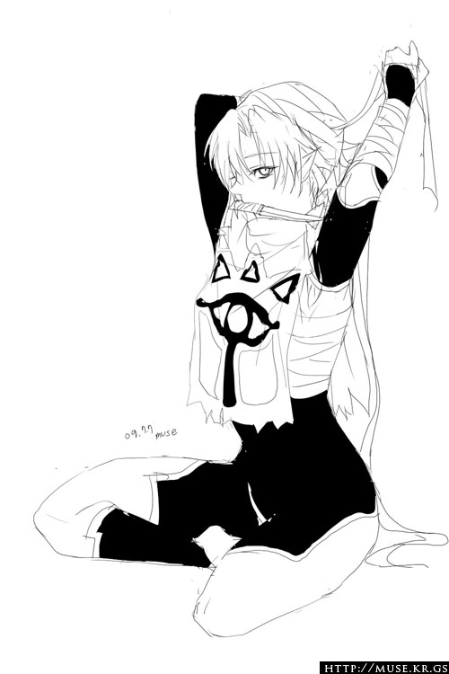 muse (rainforest), sheik, nintendo, the legend of zelda, the legend of zelda: ocarina of time, 1girl, androgynous, bandages, braid, female focus, greyscale, knife, long hair, mask, monochrome, mouth hold, ninja, pointy ears, reverse trap, sarashi, solo, surcoat, tomboy