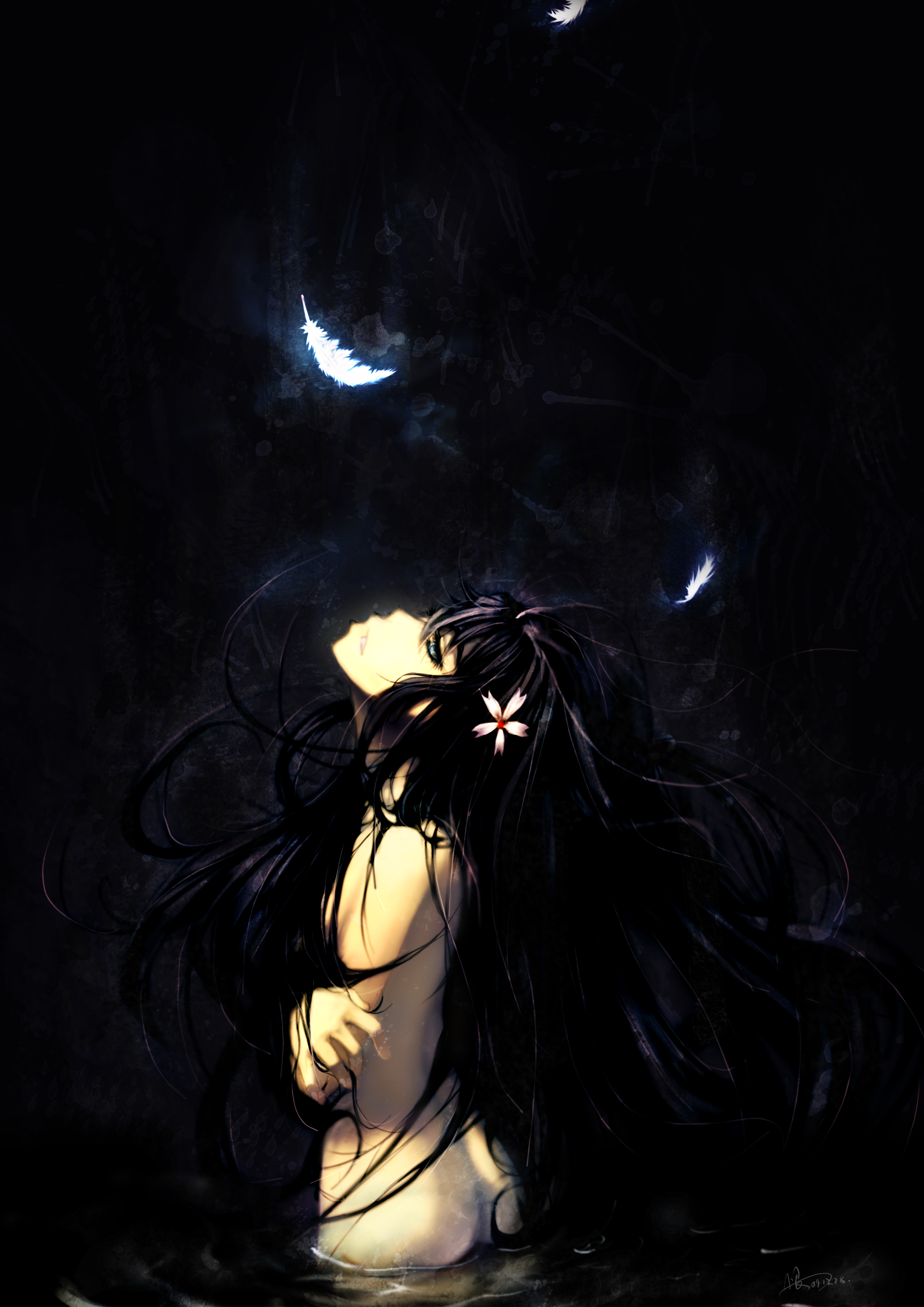 urami, saten ruiko, toaru kagaku no railgun, toaru majutsu no index, absurdres, highres, 00s, 1girl, aqua eyes, black hair, crossed arms, dark, falling feathers, feathers, female focus, flower, hair flower, hair ornament, long hair, nude, solo, very long hair