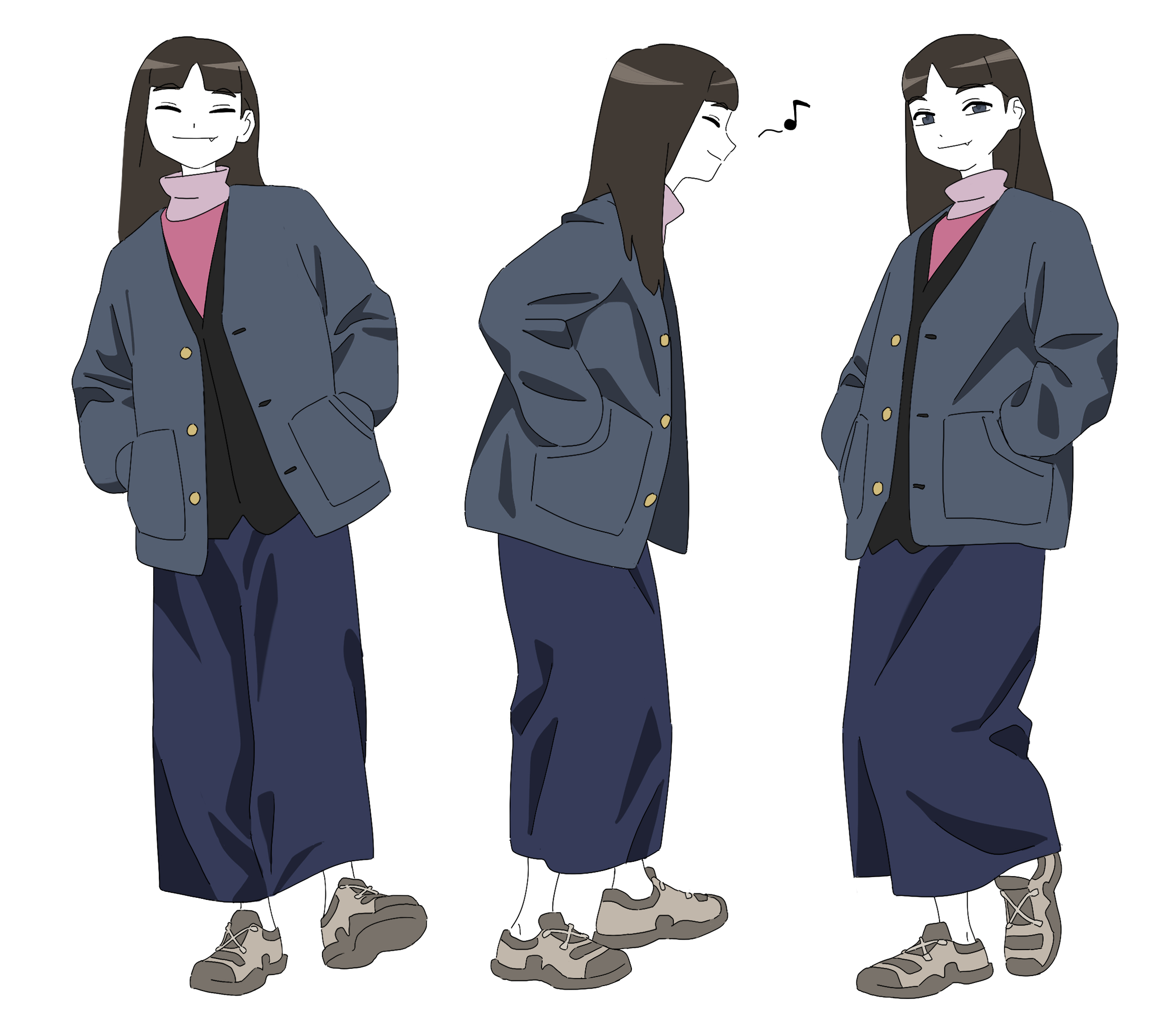 original, commentary, english commentary, highres, 1girl, black hair, cardigan, closed eyes, fang, fang out, full body, grey eyes, hands in pockets, high collar, long skirt, long sleeves, multiple views, musical note, open cardigan, open clothes, parted bangs, plumblossom91, shoes, skirt, smile, sneakers, turnaround, turtleneck