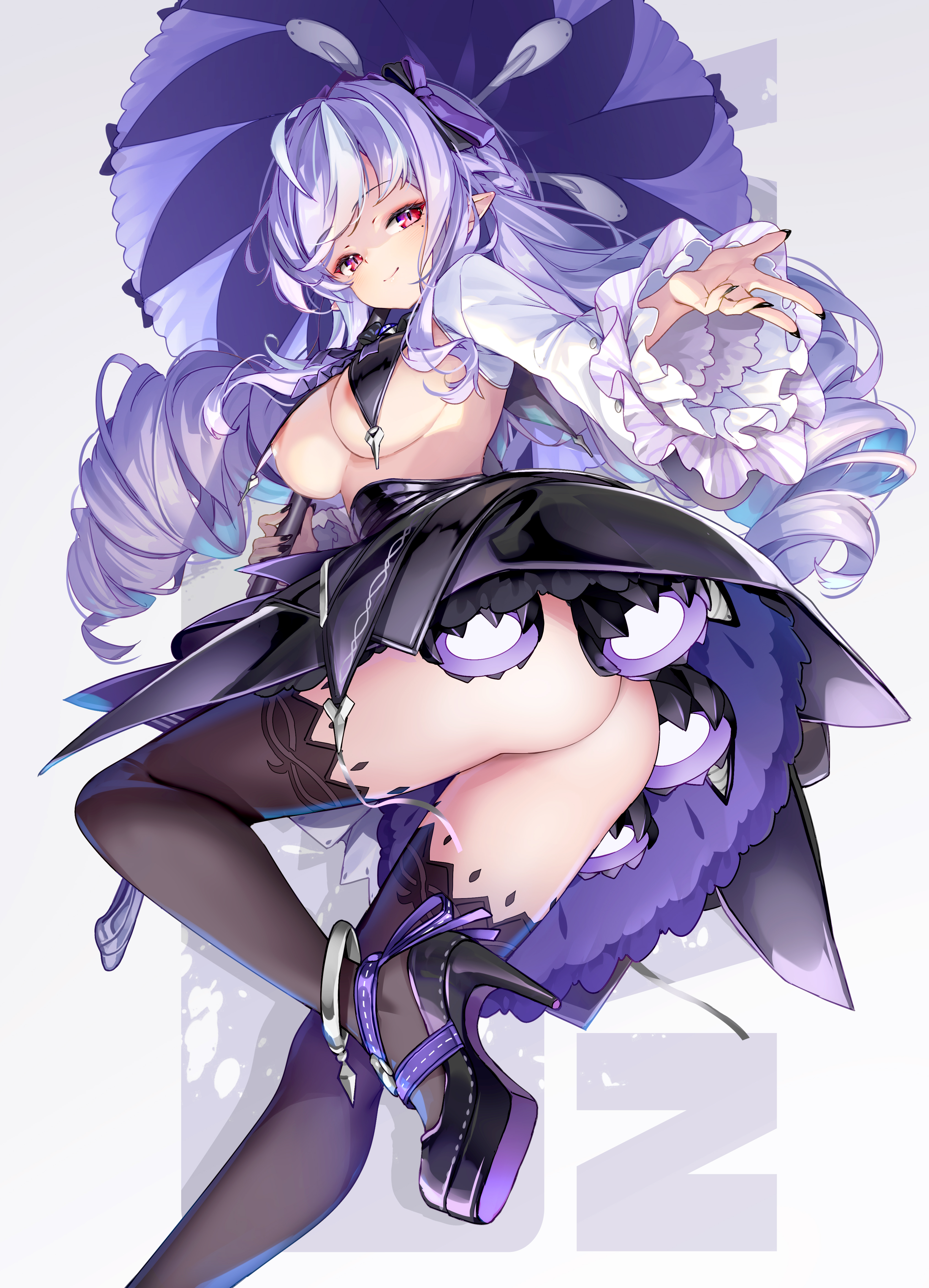 hong (white spider), vivian banshee, zenless zone zero, commentary, highres, variant set, 1girl, black panties, black pantyhose, black shoes, breasts, buttcrack, closed mouth, drill hair, english text, holding, holding umbrella, long hair, long sleeves, looking at viewer, looking back, medium breasts, mole, mole under eye, narrowed eyes, panties, pantyhose, patreon username, pointy ears, purple hair, red eyes, sexually suggestive, shoes, solo, thighhighs, thrusters, topless female, umbrella, underwear, upskirt