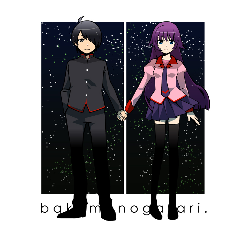 osomatsu, osomatsu (nanameno), araragi koyomi, senjougahara hitagi, bakemonogatari, monogatari (series), bad id, bad pixiv id, 00s, 1boy, 1girl, couple, hetero, holding hands, night, romaji text, school uniform, skirt, sky, standing, star (sky), star (symbol), starry sky, thighhighs