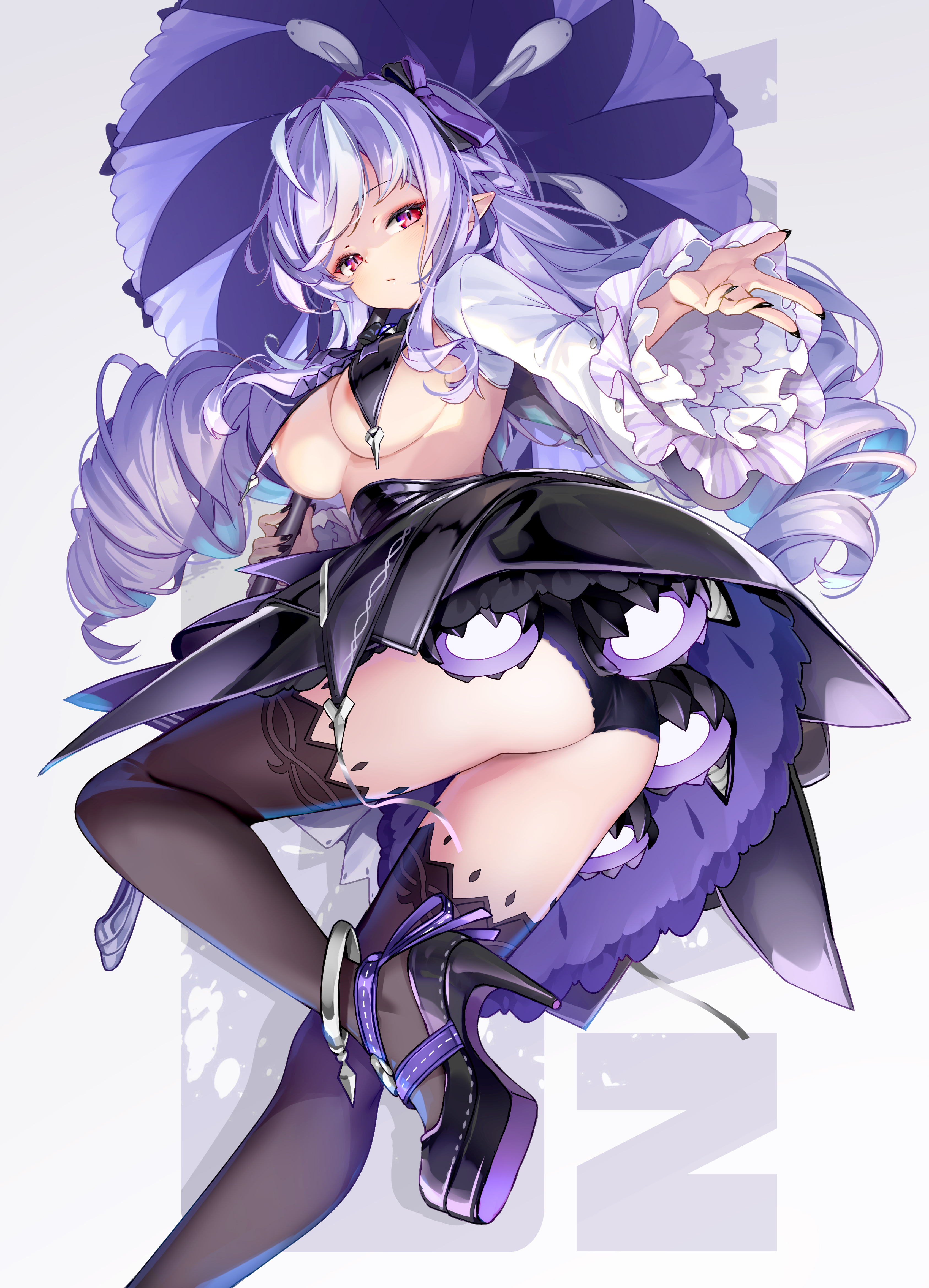 hong (white spider), vivian banshee, zenless zone zero, commentary, highres, variant set, 1girl, black panties, black pantyhose, black shoes, breasts, closed mouth, drill hair, english text, holding, holding umbrella, long hair, long sleeves, looking at viewer, looking back, medium breasts, mole, mole under eye, narrowed eyes, panties, pantyhose, pantyshot, patreon username, pointy ears, purple hair, red eyes, sexually suggestive, shoes, solo, thighhighs, thrusters, topless female, umbrella, underwear, upskirt