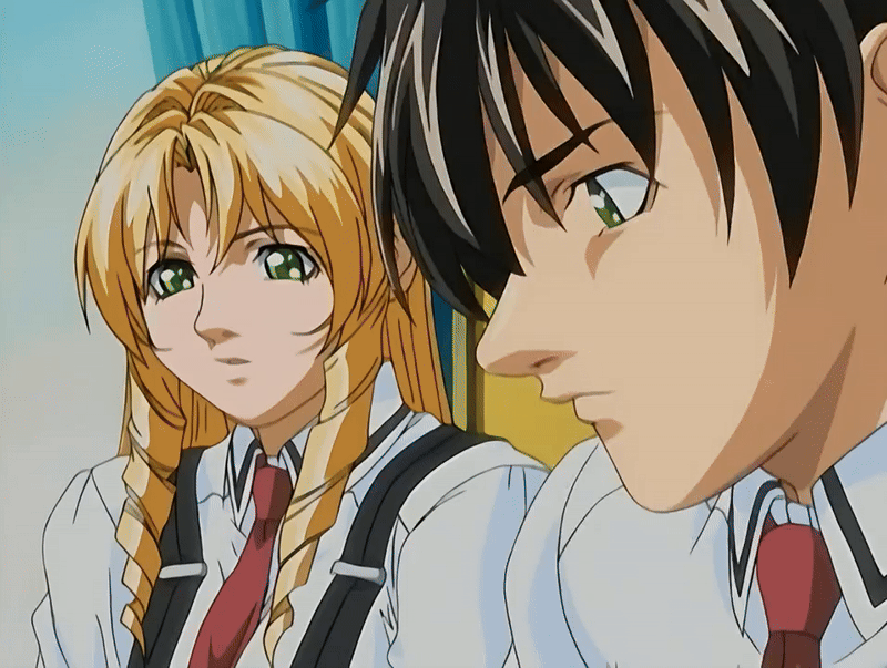 minase taki, shiraki rika, bible black, bible black night of the walpulgiss, animated, animated gif, anime screenshot, tagme, 00s, 1boy, 1girl, 2006, bible black black sacrifice, blonde hair, bouncing breasts, breasts, curtains, drill hair, drill sidelocks, green eyes, long hair, necktie, red necktie, school uniform, shirt, sidelocks, surprised, suspenders