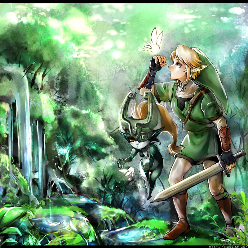 muse (rainforest), link, midna, nintendo, the legend of zelda, the legend of zelda: twilight princess, 1boy, 1girl, blonde hair, blue eyes, fairy, forest, hat, holding, holding sword, holding weapon, nature, orange hair, pointy ears, red eyes, sword, weapon