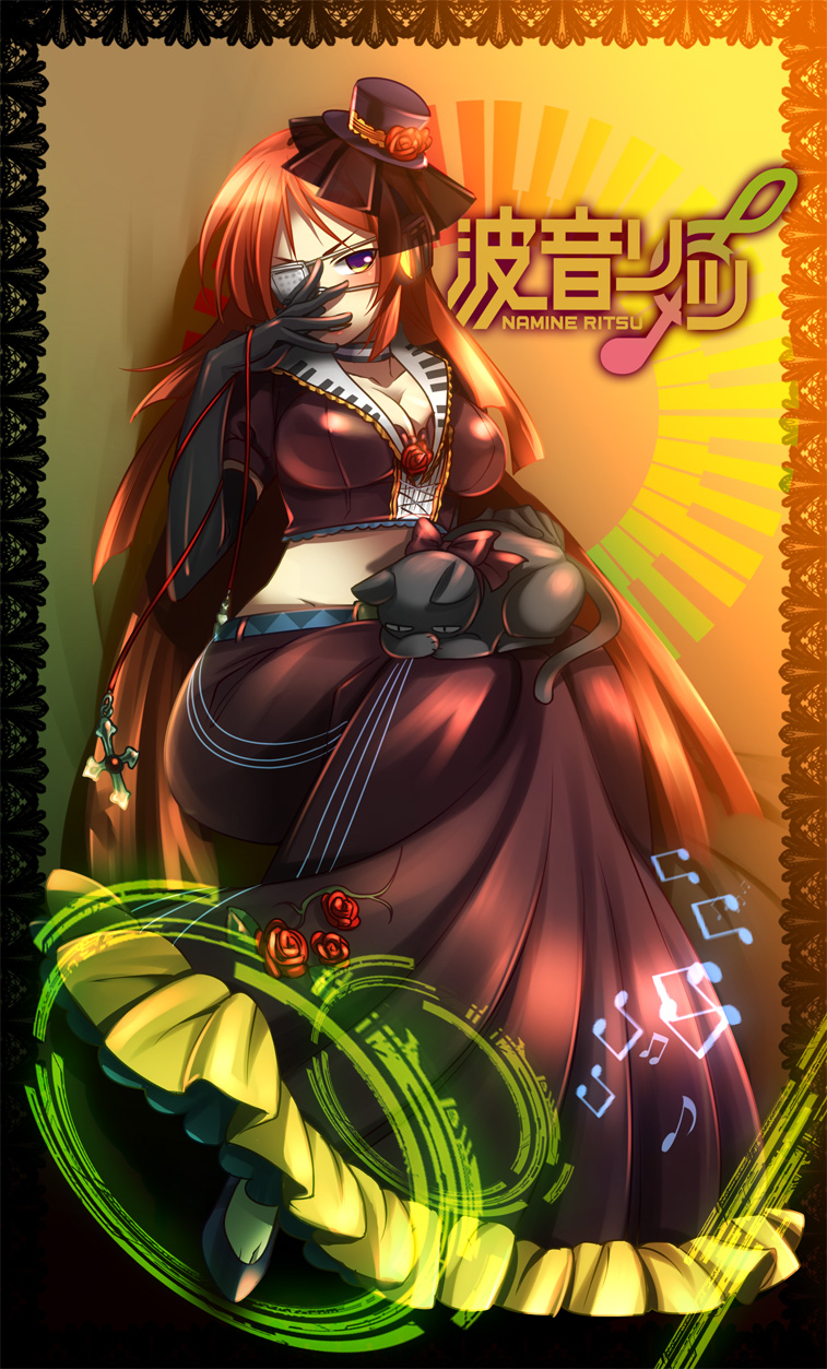 caffein, namine ritsu, utau, vocaloid, highres, 1boy, blush, breasts, cat, cleavage, elbow gloves, eyepatch, gloves, hat, lolita fashion, male focus, male with breasts, midriff, musical note, solo, trap