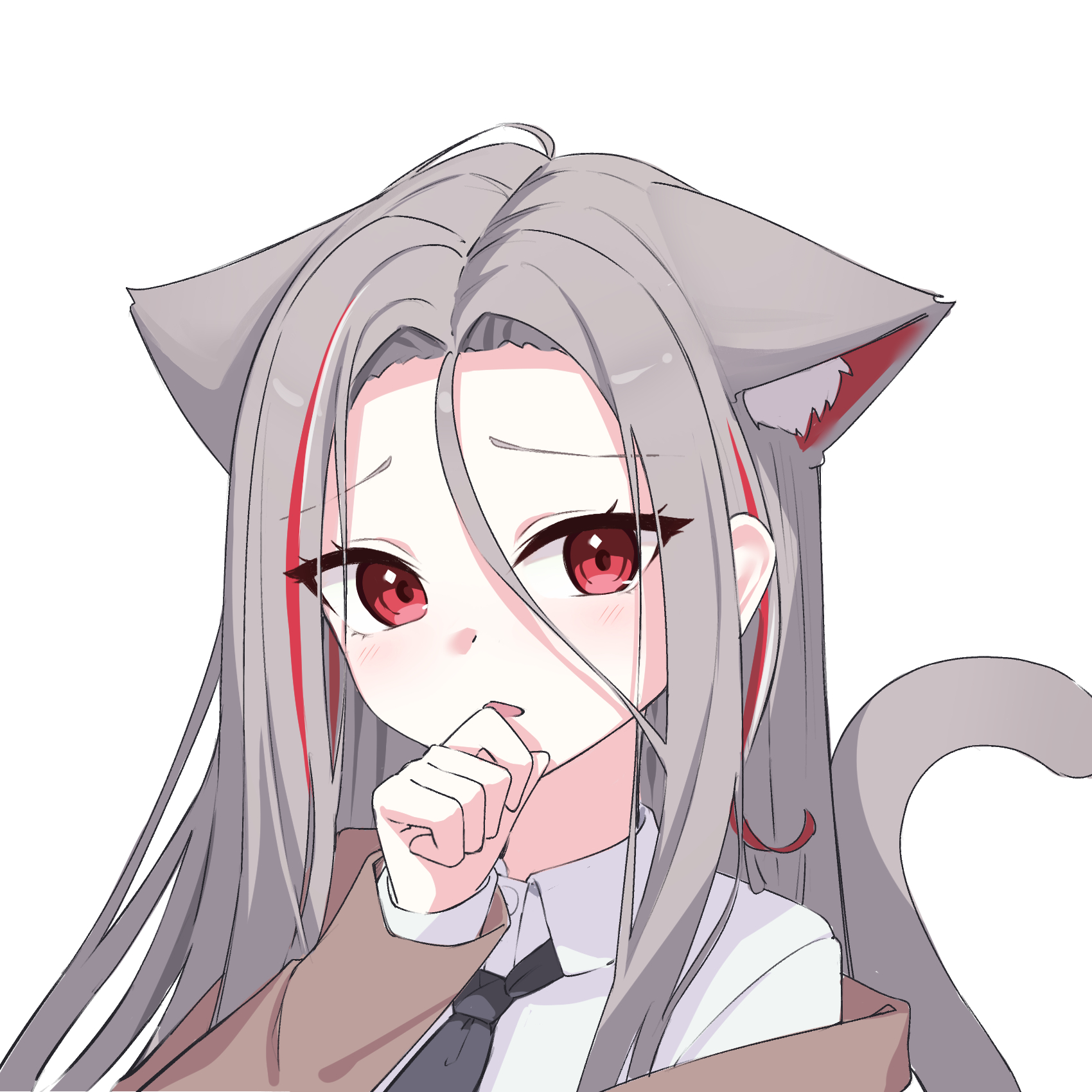 lunyaria, neneko mashiro, stellive, hashtag-only commentary, highres, 1girl, animal ears, black necktie, brown jacket, cat ears, cat girl, cat tail, collared shirt, forehead, grey hair, hand to own mouth, hand up, jacket, layered sleeves, long hair, long sidelocks, long sleeves, looking at viewer, multicolored hair, necktie, open clothes, open jacket, parted lips, raised inner eyebrows, red eyes, shirt, sidelocks, simple background, single bang, single off shoulder, solo, straight hair, streaked hair, tail, upper body, virtual youtuber, white background, white shirt, wing collar