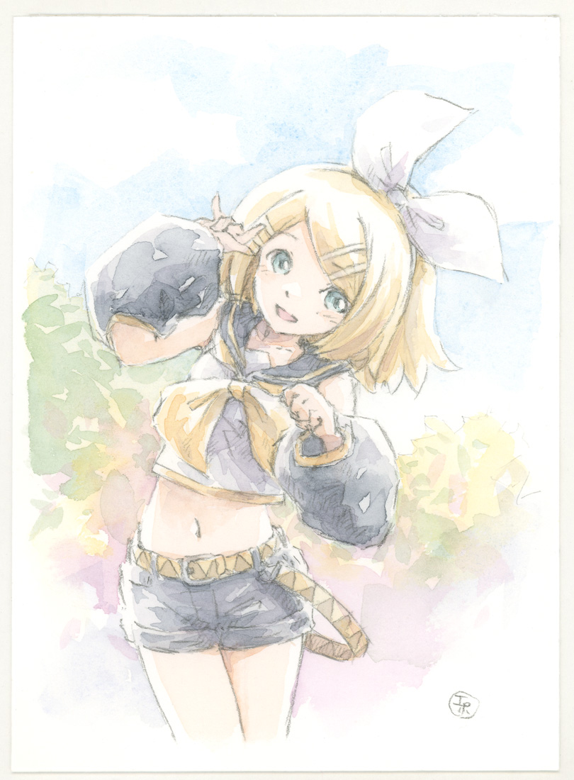 epoxy putty, kagamine rin, vocaloid, commentary request, painting (medium), traditional media, watercolor (medium), 1girl, belt, blonde hair, blue eyes, bow, crop top, cropped legs, detached sleeves, hair bow, hair ornament, hairclip, hand up, leaning to the side, long sleeves, midriff, navel, neckerchief, open mouth, sailor collar, shirt, short hair, shorts, sleeveless, sleeveless shirt, smile, solo