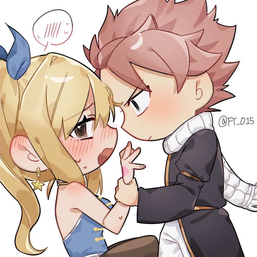 lucy heartfilia, natsu dragneel, fairy tail, hashtag-only commentary, 1boy, 1girl, artist name, black jacket, blonde hair, blue shirt, blush, chibi, earrings, from side, ft 015, jacket, jewelry, open mouth, pink hair, profile, scarf, shirt, simple background, sleeveless, sleeveless shirt, white background, white scarf