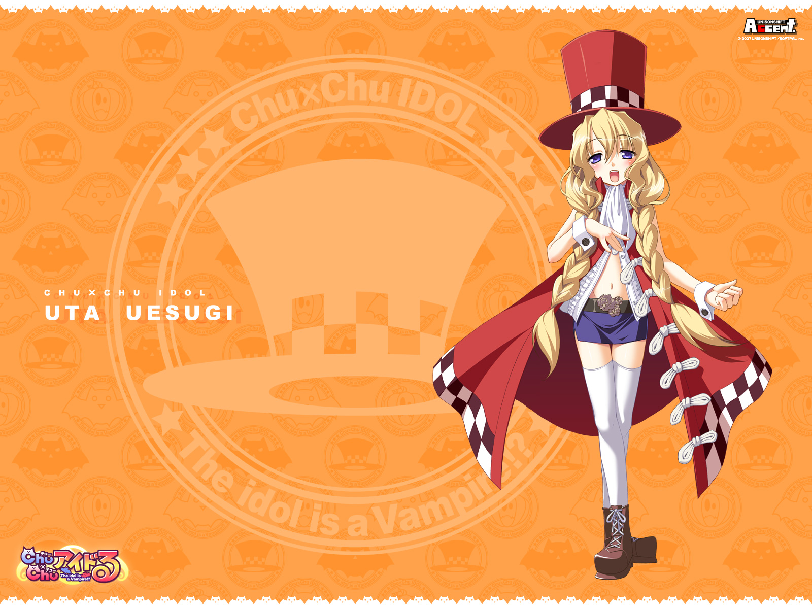 ozawa akifumi, uesugi uta, chu x chu idol, highres, blonde hair, blue eyes, hat, solo