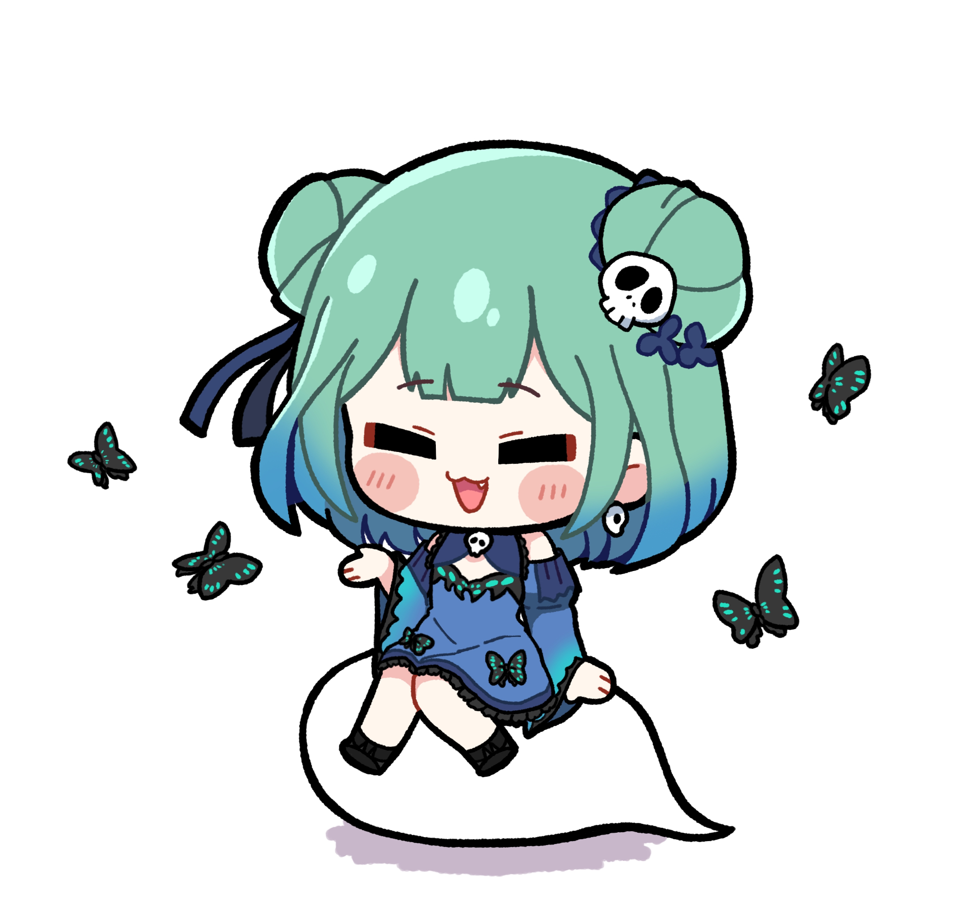 tanaka yutti, uruha rushia, hololive, commentary request, highres, 1girl, :3, blue hair, blush stickers, bug, butterfly, chibi, chibi only, closed eyes, detached sleeves, double bun, dress, fang, full body, ghost, gradient hair, green hair, hair bun, hair ornament, hair ribbon, insect, long sleeves, multicolored hair, open mouth, ribbon, short hair, sitting, skull hair ornament, sleeveless, sleeveless dress, smile, solo, two side up, virtual youtuber