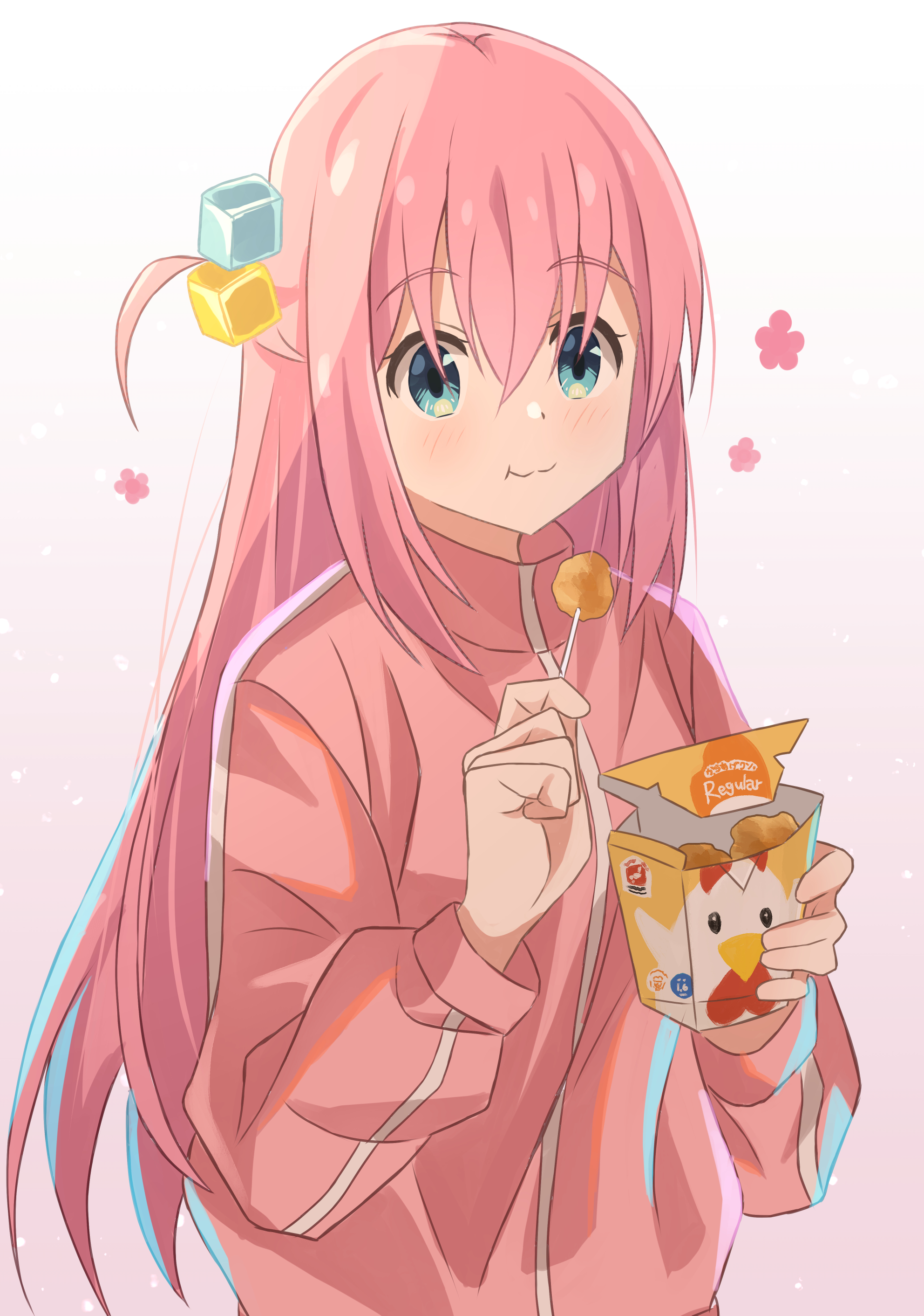 chinosuke (cs4126), gotoh hitori, bocchi the rock!, absurdres, commentary request, highres, 1girl, blue eyes, blush, chicken nuggets, closed mouth, cube hair ornament, eating, food, food wrapper, gradient background, hair between eyes, hair ornament, hands up, holding, holding stick, jacket, long hair, long sleeves, looking at food, pink hair, pink jacket, sleeve cuffs, solo, stick, track jacket, upper body
