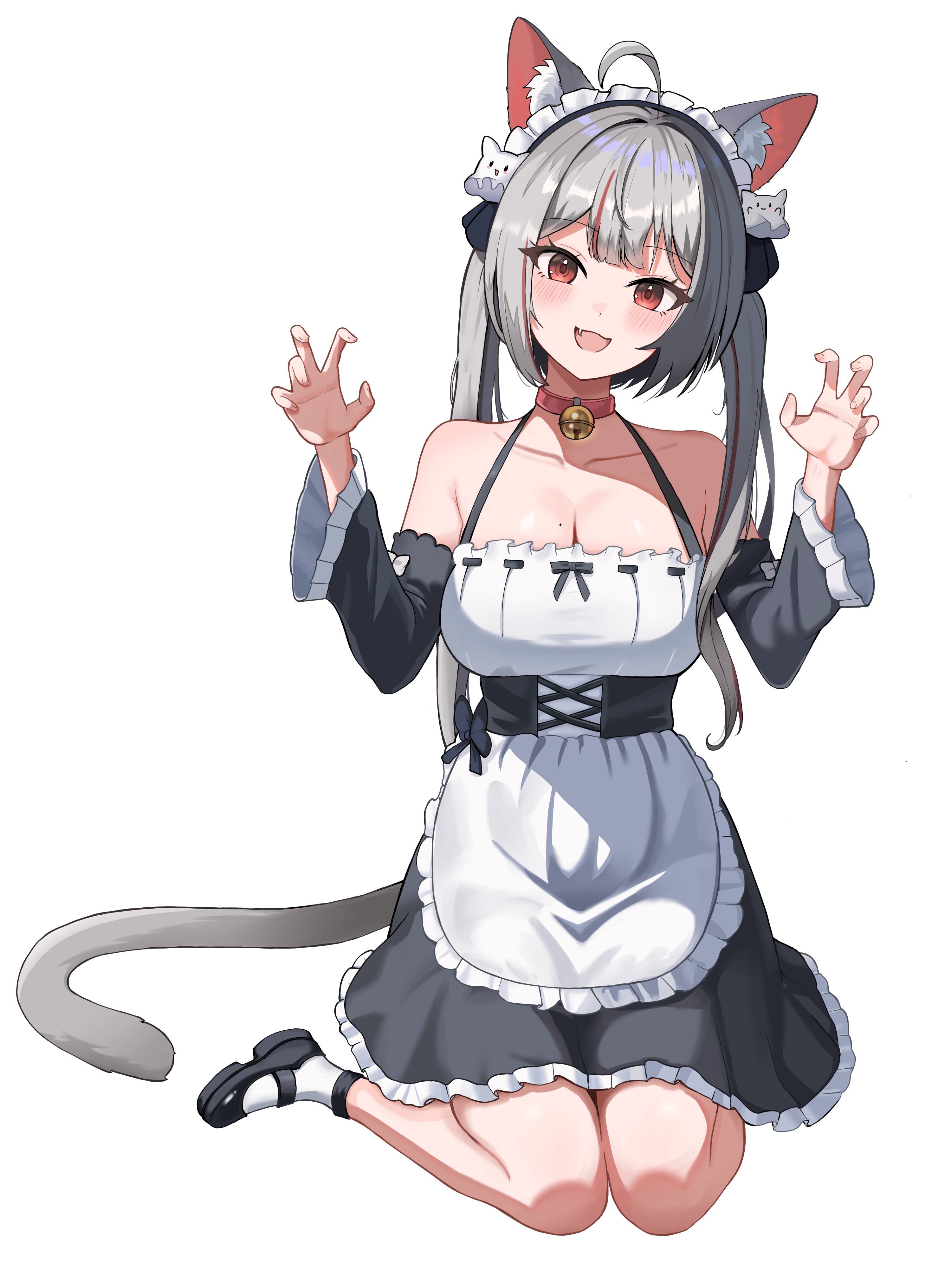 maro (neneko mashiro), neneko mashiro, stellive, absurdres, hashtag-only commentary, highres, 1girl, ahoge, animal ear fluff, animal ears, apron, bell, black dress, black shoes, breasts, cat ears, cat girl, cat tail, character hair ornament, choppy bangs, claw pose, cleavage, collar, detached sleeves, dress, fang, frilled apron, frilled dress, frilled sleeves, frills, full body, grey hair, hair ornament, hands up, kneeling, large breasts, long hair, long sleeves, looking at viewer, maid, maid apron, maid headdress, mary janes, miong2007, mole, mole on breast, multicolored hair, neck bell, open mouth, red collar, red eyes, shoes, simple background, skin fang, sleeveless, sleeveless dress, smile, socks, solo, streaked hair, tail, virtual youtuber, white apron, white background, white socks