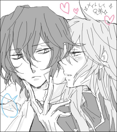 gilbert nightray, vincent nightray, pandora hearts, lowres, 00s, 2boys, capelet, frills, gathers, gloves, greyscale, heart, incest, long hair, male focus, monochrome, multiple boys, necktie, short hair, spot color, white background, yaoi