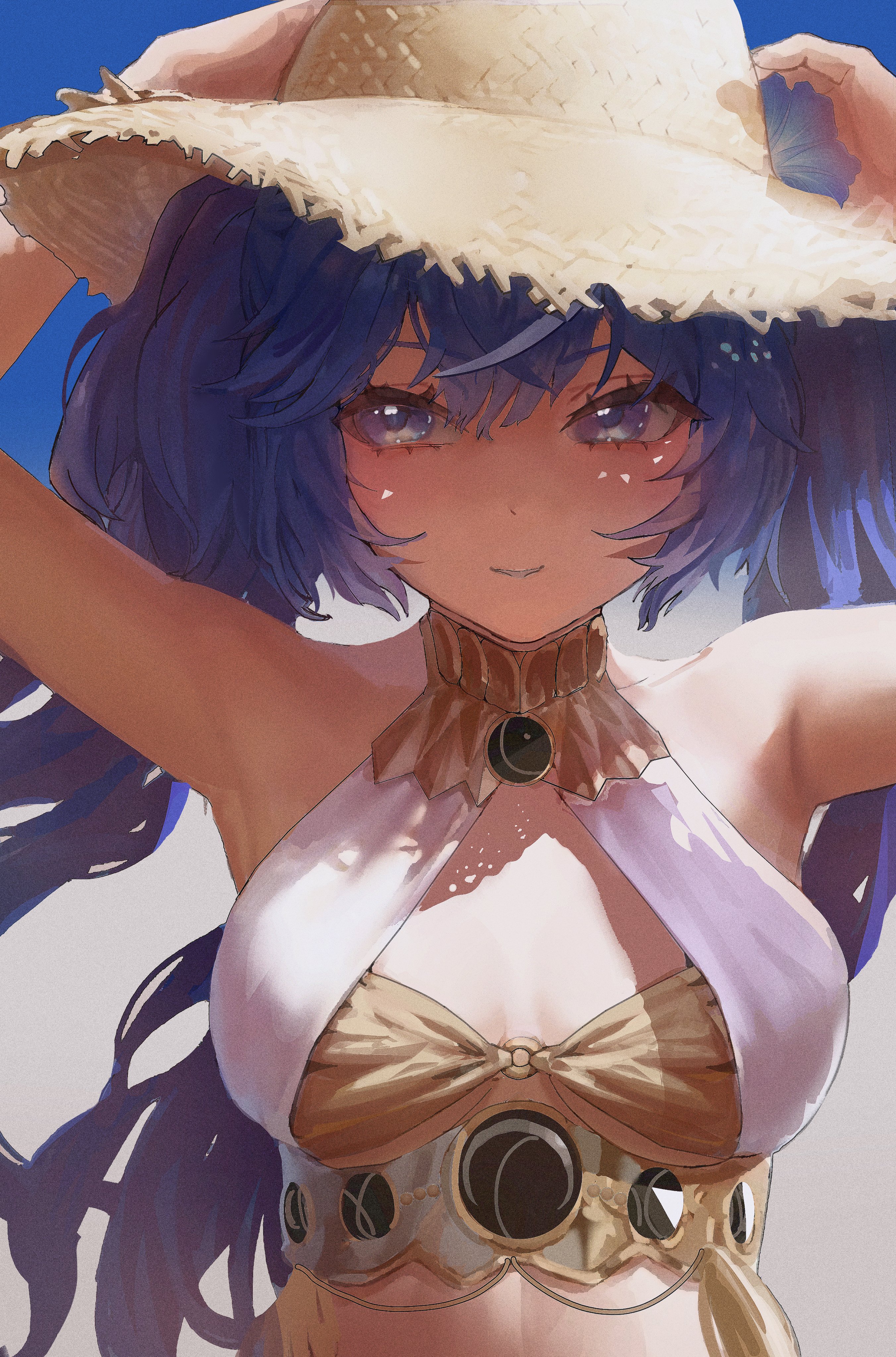 gubong, iuno (wuthering waves), wuthering waves, absurdres, highres, 1girl, armpits, bare arms, bare shoulders, blue eyes, blue hair, breasts, cleavage, closed mouth, long hair, simple background, smile, solo
