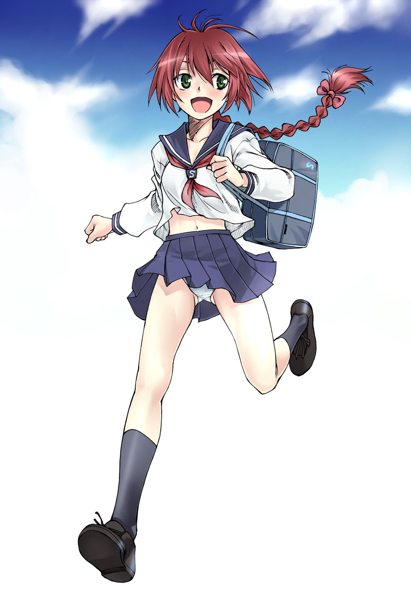 satou atsuki, suou pavlichenko, darker than black, highres, 00s, 1girl, bag, blush, braid, female focus, green eyes, running, school uniform, serafuku, single braid, skirt, solo