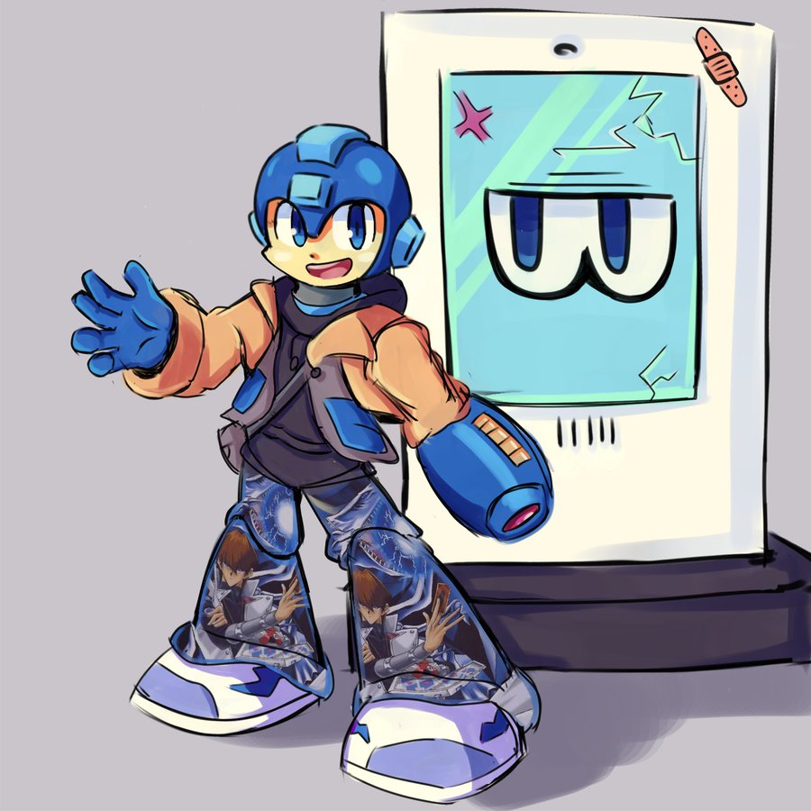 surrealmason, kaiba seto, mega man (character), mega man (classic), mega man (series), yu-gi-oh!, yu-gi-oh! duel monsters, 1girl, 1other, android, anger vein, arm cannon, bandaid, blue eyes, blue helmet, brown jacket, card, duel disk, full body, grey background, helmet, holding, holding card, hood, hoodie, jacket, jay eazy, looking at another, pants, print pants, robot, weapon