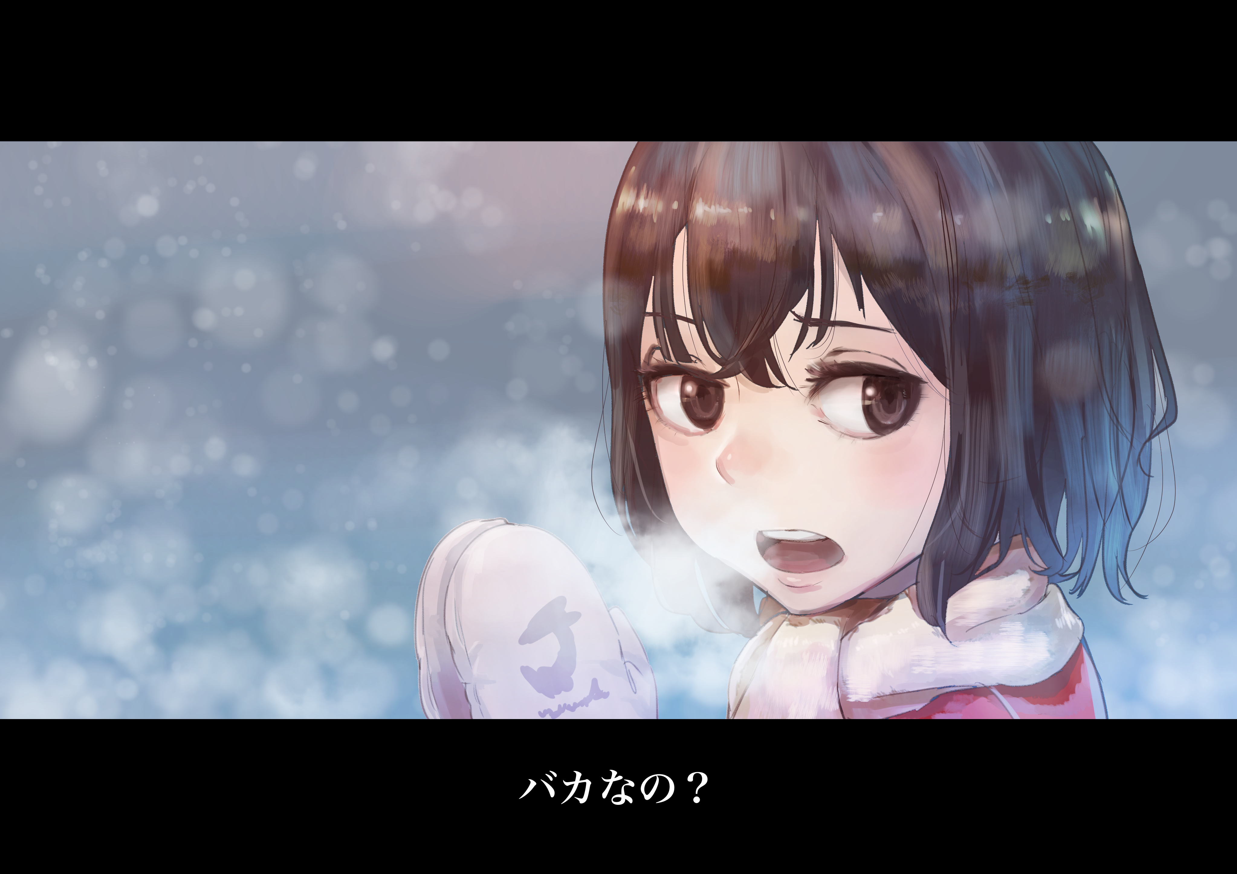 hinazuki kayo, boku dake ga inai machi, absurdres, commentary request, highres, translation request, 1girl, brown eyes, brown hair, eyelashes, hair between eyes, letterboxed, looking at viewer, maruhi (hidatomuho), mittens, open mouth, pink mittens, scarf, short hair, snowing, white scarf, winter clothes