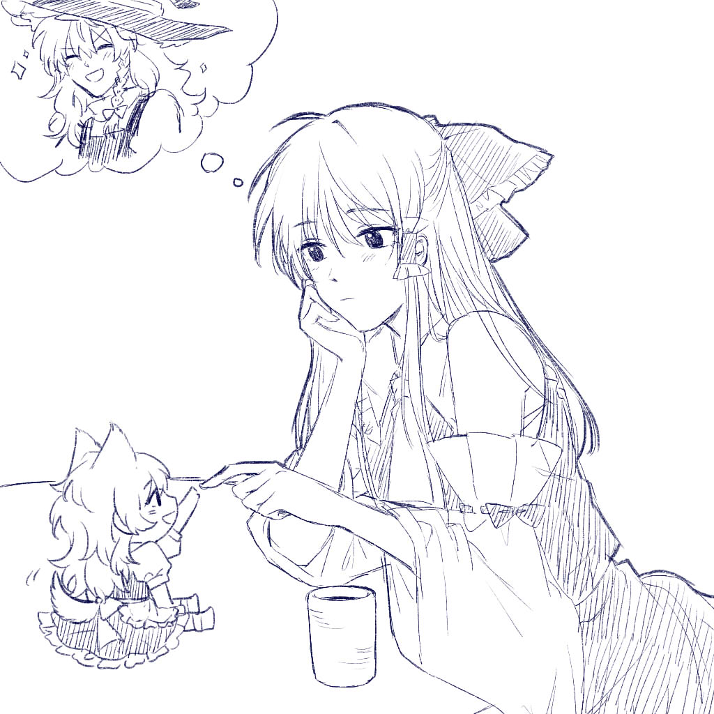 hitte5416, hakurei reimu, kirisame marisa, touhou, chinese commentary, commentary request, 2girls, alternate size, animal ears, apron, ascot, blush, bow, braid, chabudai, closed eyes, closed mouth, cup, detached sleeves, dog ears, dog girl, dog tail, frilled bow, frilled hair tubes, frills, greyscale, hair bow, hair tubes, hat, hat bow, head rest, kemonomimi mode, long hair, mini person, minigirl, monochrome, multiple girls, ribbon-trimmed sleeves, ribbon trim, side braid, single braid, skirt, speech bubble, table, tail, thought bubble, vest, waist apron, witch hat, yunomi
