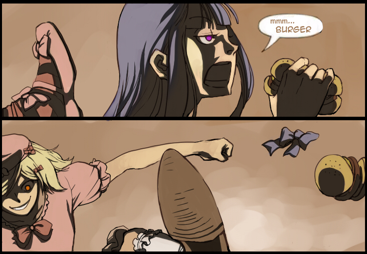 drawfag, shroedinger, batman, frederica bernkastel, lambdadelta, batman (series), dc comics, umineko no naku koro ni, spoilers, 2girls, blonde hair, burger, comic, eating, english text, food, kicking, multiple girls, parody, purple eyes, shaded face