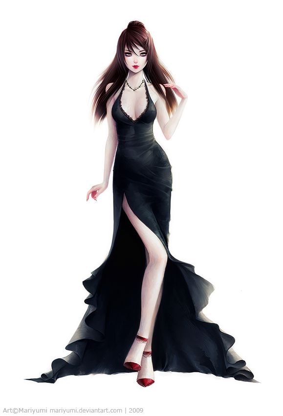 maria menshikova, 1girl, black dress, breasts, brown hair, cleavage, dress, female focus, green eyes, jewelry, long hair, medium breasts, necklace, side slit, solo, v-neck