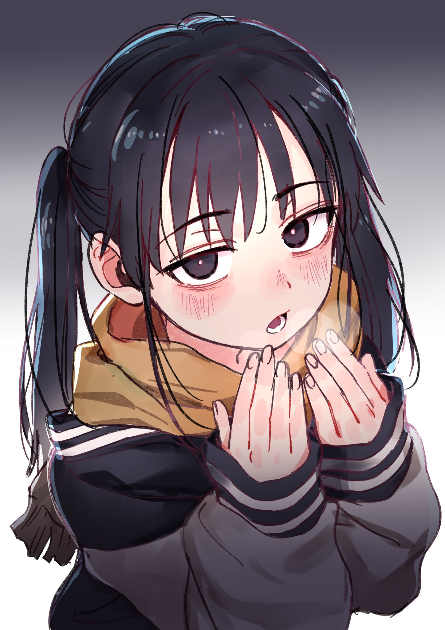 danny cho, original, commentary request, highres, 1girl, black eyes, black hair, black jacket, blush, breath, brown scarf, gradient background, hands up, jacket, long hair, long sleeves, looking at viewer, open mouth, scarf, solo, twintails, upper body, white background