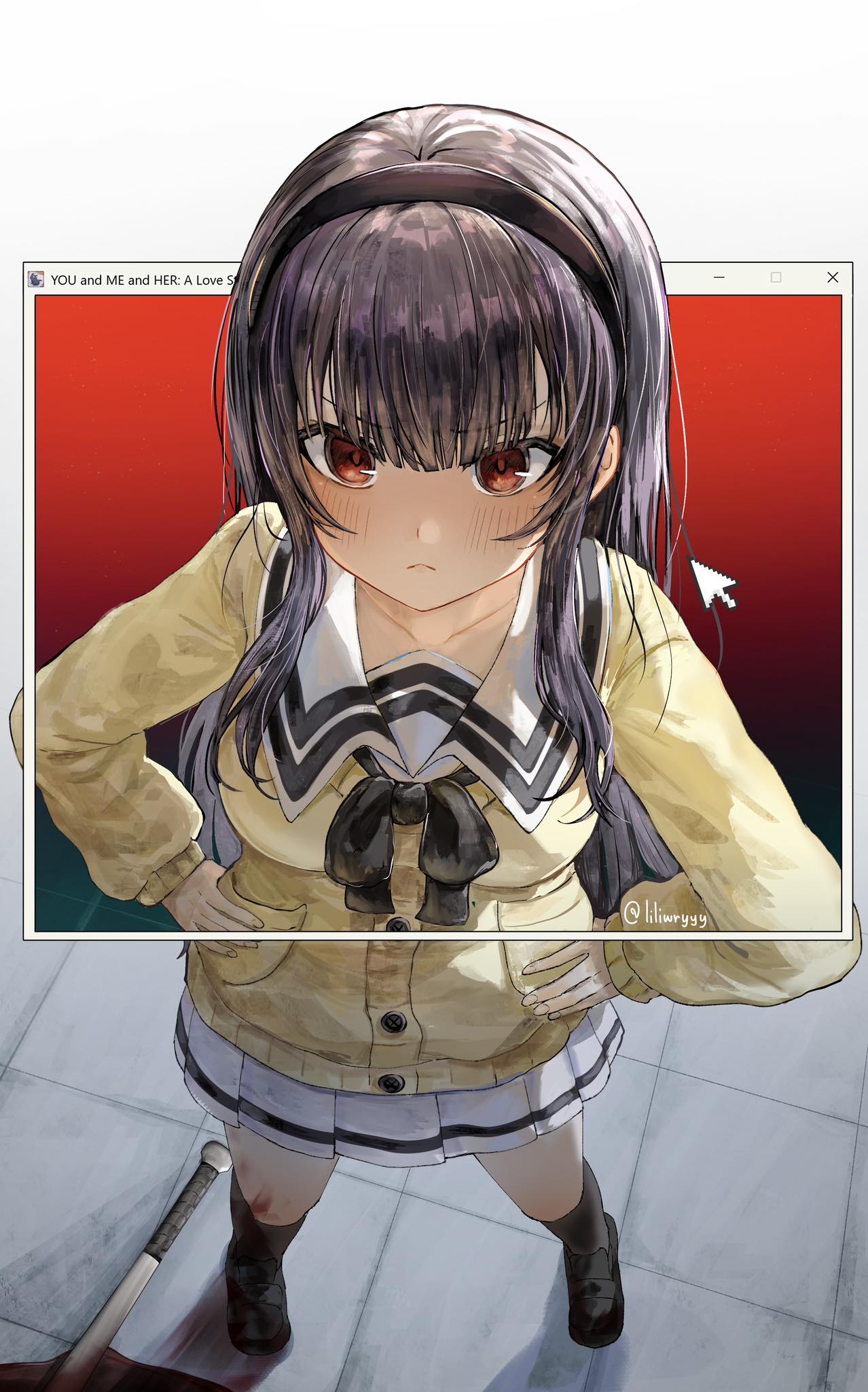 lilio, sone miyuki, kimi to kanojo to kanojo no koi., commentary request, highres, 1girl, artist name, baseball bat, black hair, black hairband, black shoes, black skirt, black socks, blood, blood on leg, cardigan, closed mouth, cursor, from above, full body, hairband, hands on own hips, loafers, long hair, long sleeves, pleated skirt, red eyes, sailor collar, shirt, shoes, skirt, socks, solo, standing, thai commentary, twitter username, white sailor collar, white shirt, window (computing), yellow cardigan